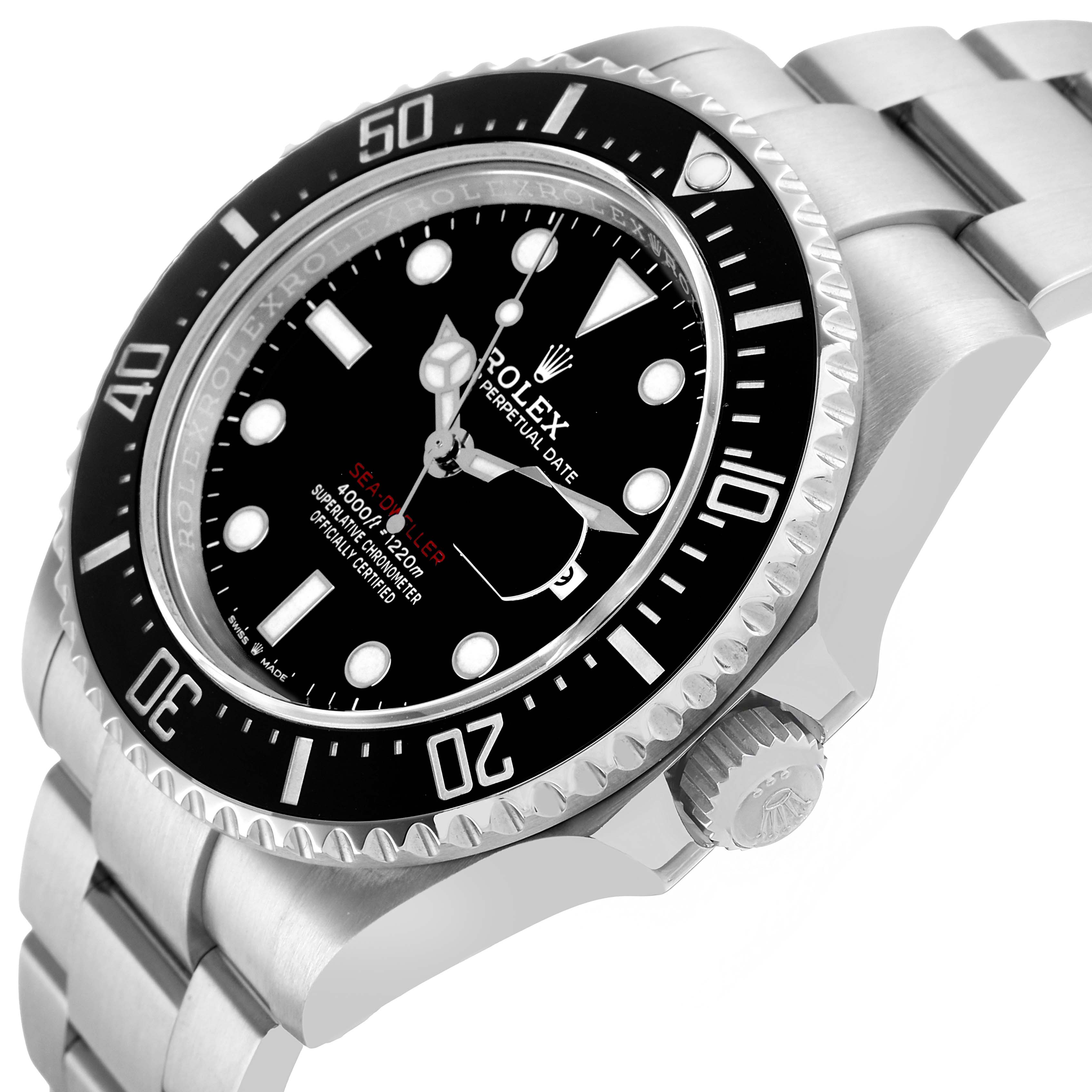 The Rolex Sea-Dweller 126600 Men's Stainless Steel Black Dial watch is shown at an angled close-up, highlighting the bezel, crown, dial, and part of the bracelet.