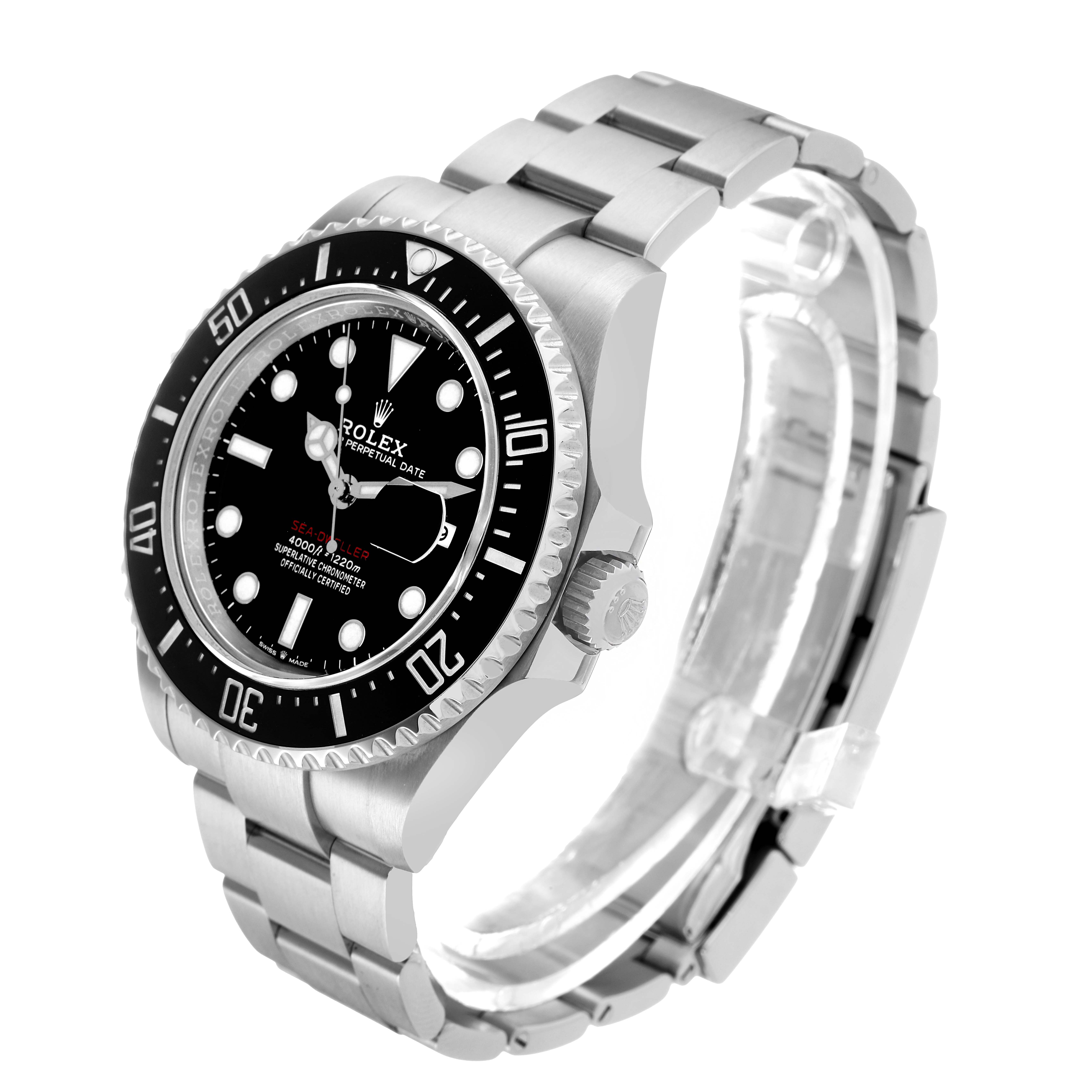 The Rolex Sea-Dweller 126600 Men's Stainless Steel Black Dial watch is shown from a three-quarter angle, highlighting the bezel, dial, case, and bracelet.