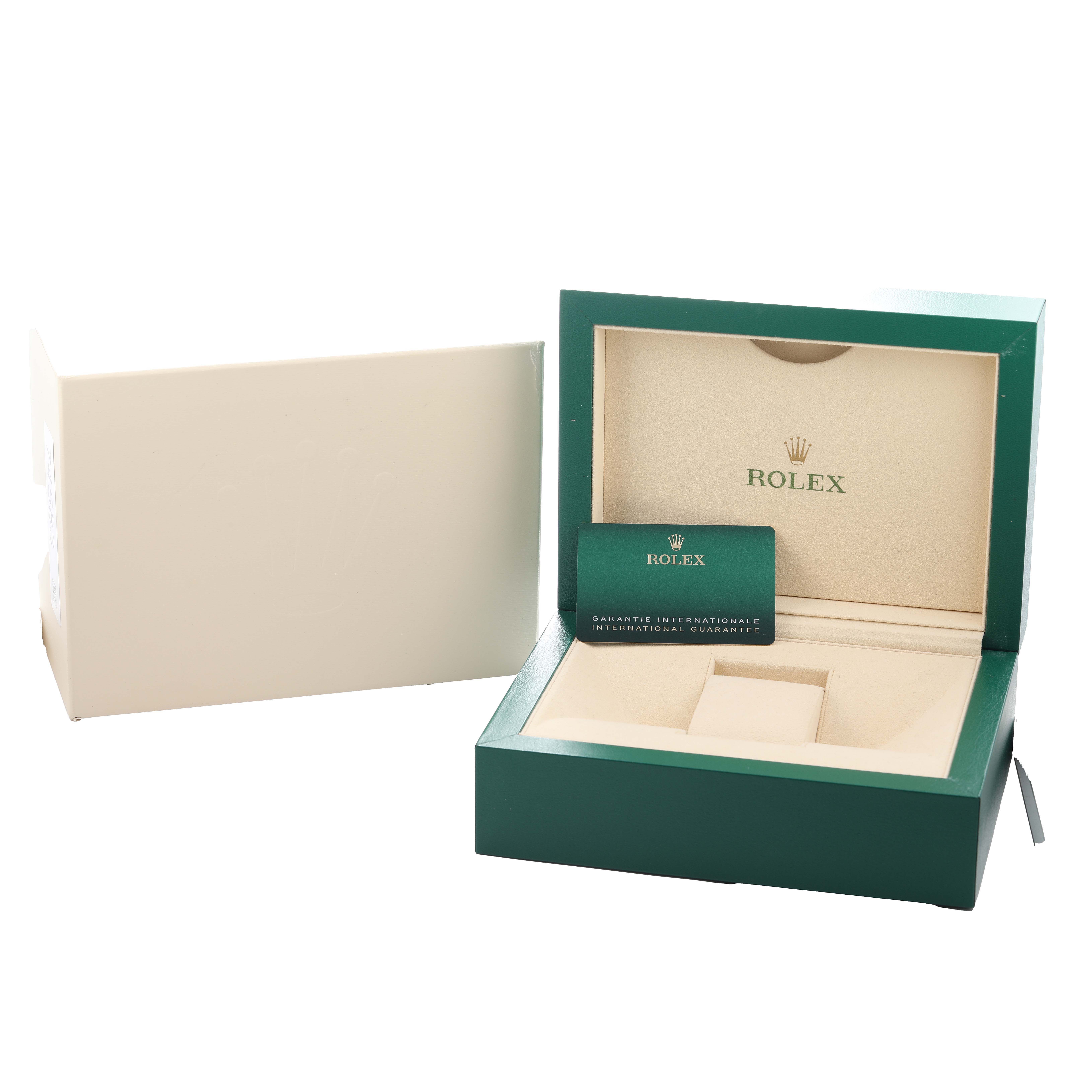 The image shows the open packaging and guarantee card for a Rolex Sea-Dweller 126600 Men's Stainless Steel Black Dial watch.