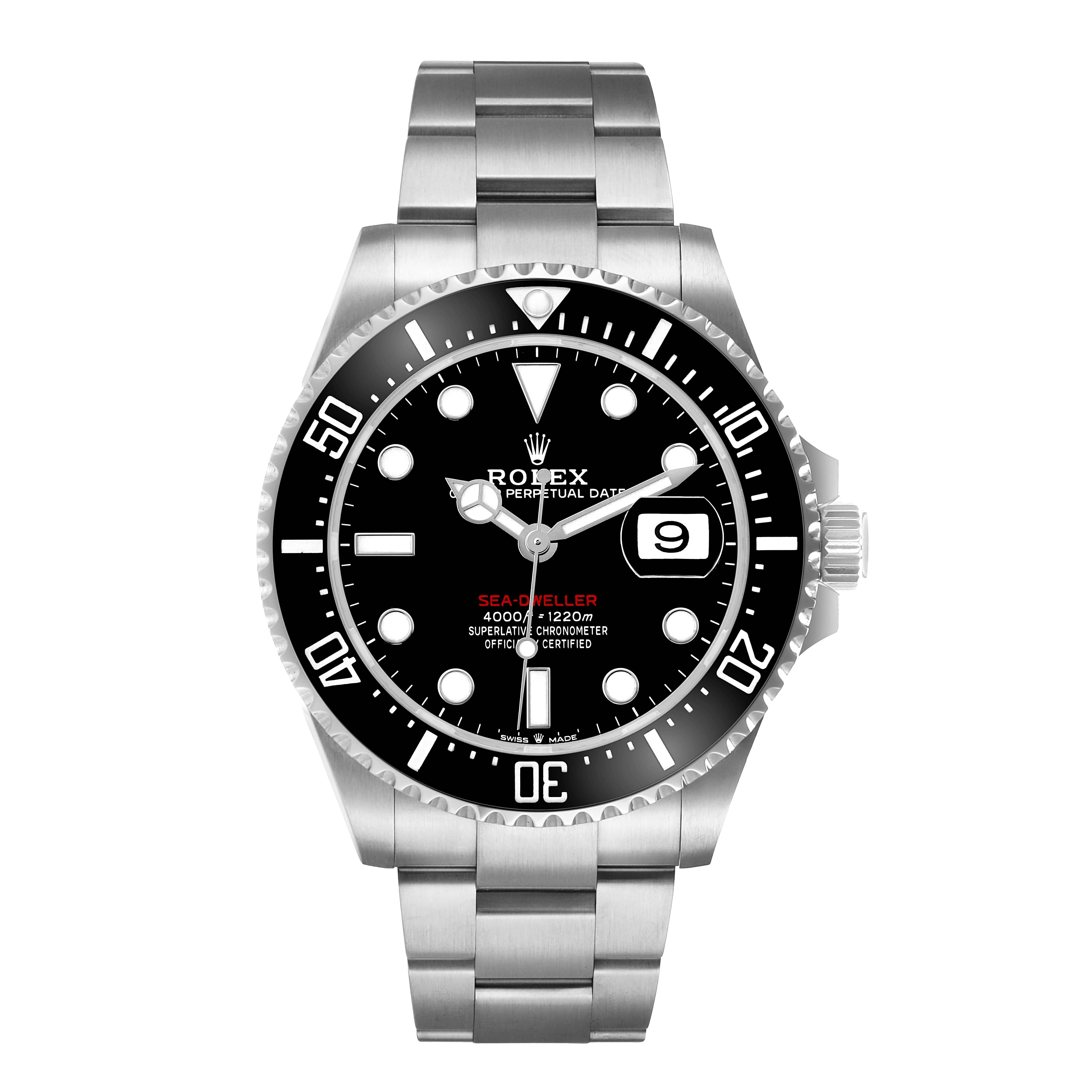 The Rolex Sea-Dweller 126600 Men's Stainless Steel Black Dial watch is shown from the front, displaying its dial, bezel, bracelet, and crown.