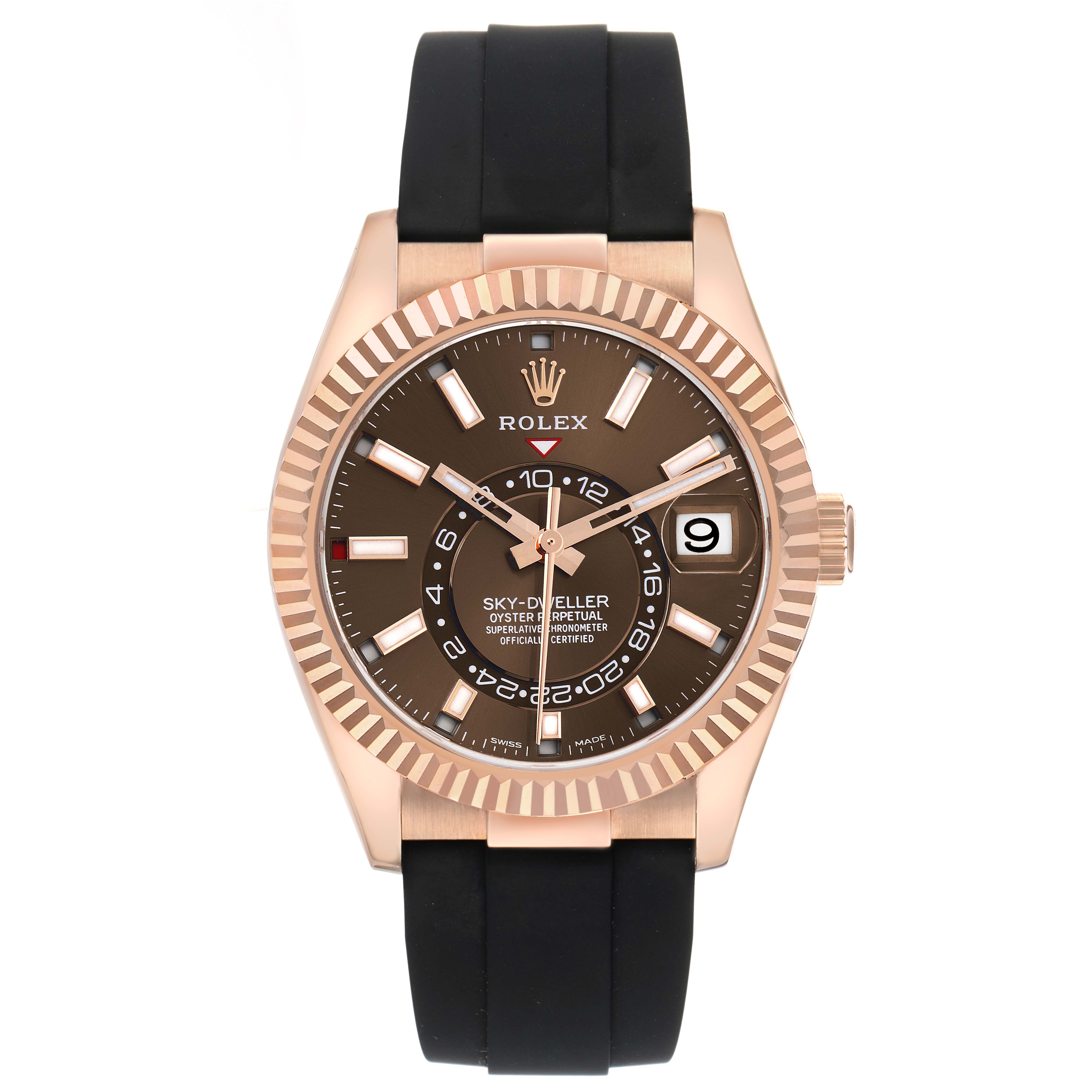 The Rolex Sky-Dweller 326235 Men's Rose Gold Brown Dial watch is shown from the front, displaying the dial, bezel, hands, and date window with a black strap.