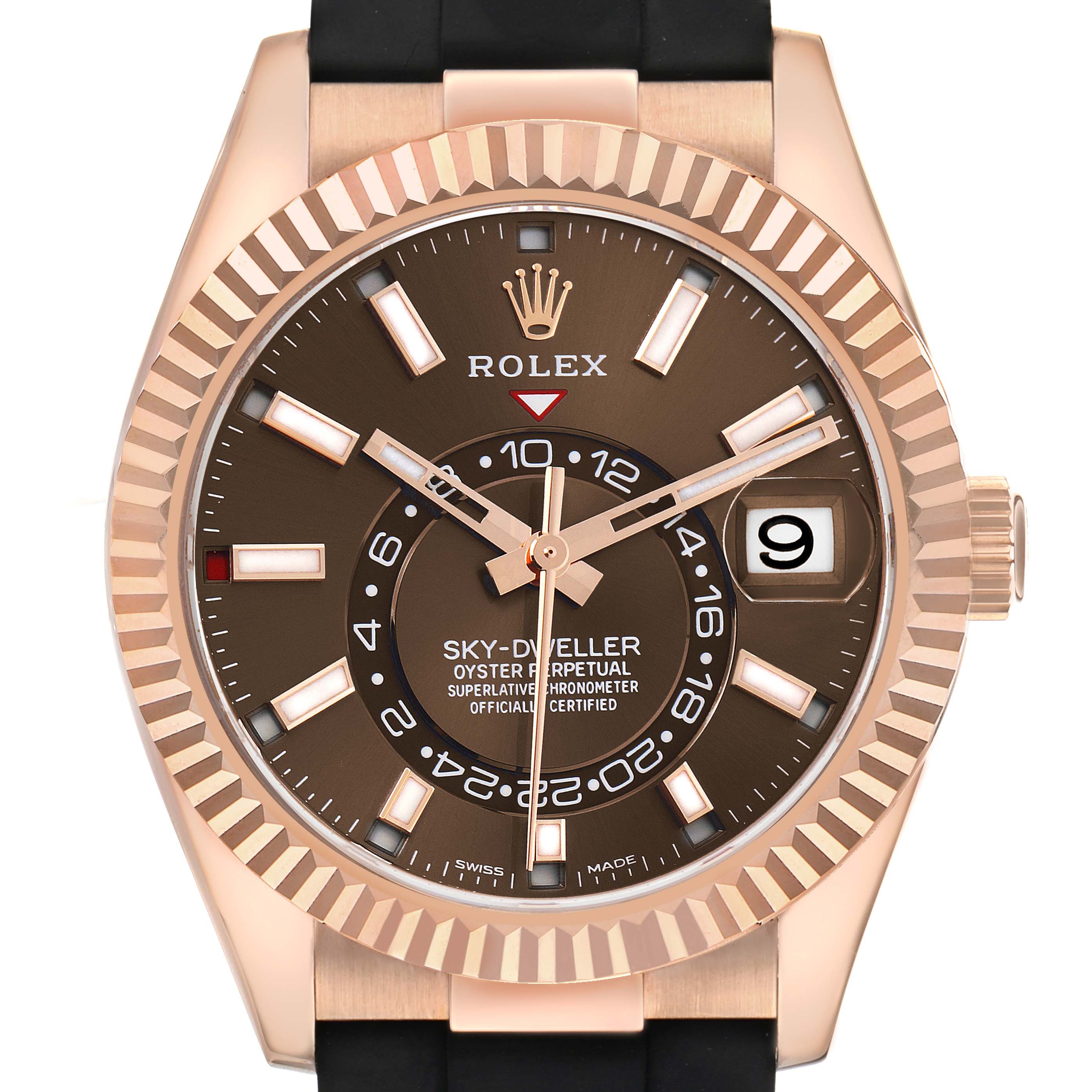 The Rolex Sky-Dweller 326235 Men's Rose Gold Brown Dial is shown from a front angle, displaying the dial, hands, bezel, crown, and part of the strap.
