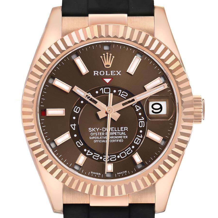 The Rolex Sky-Dweller 326235 Men's Rose Gold Brown Dial is shown from a front angle, displaying the dial, hands, bezel, crown, and part of the strap.