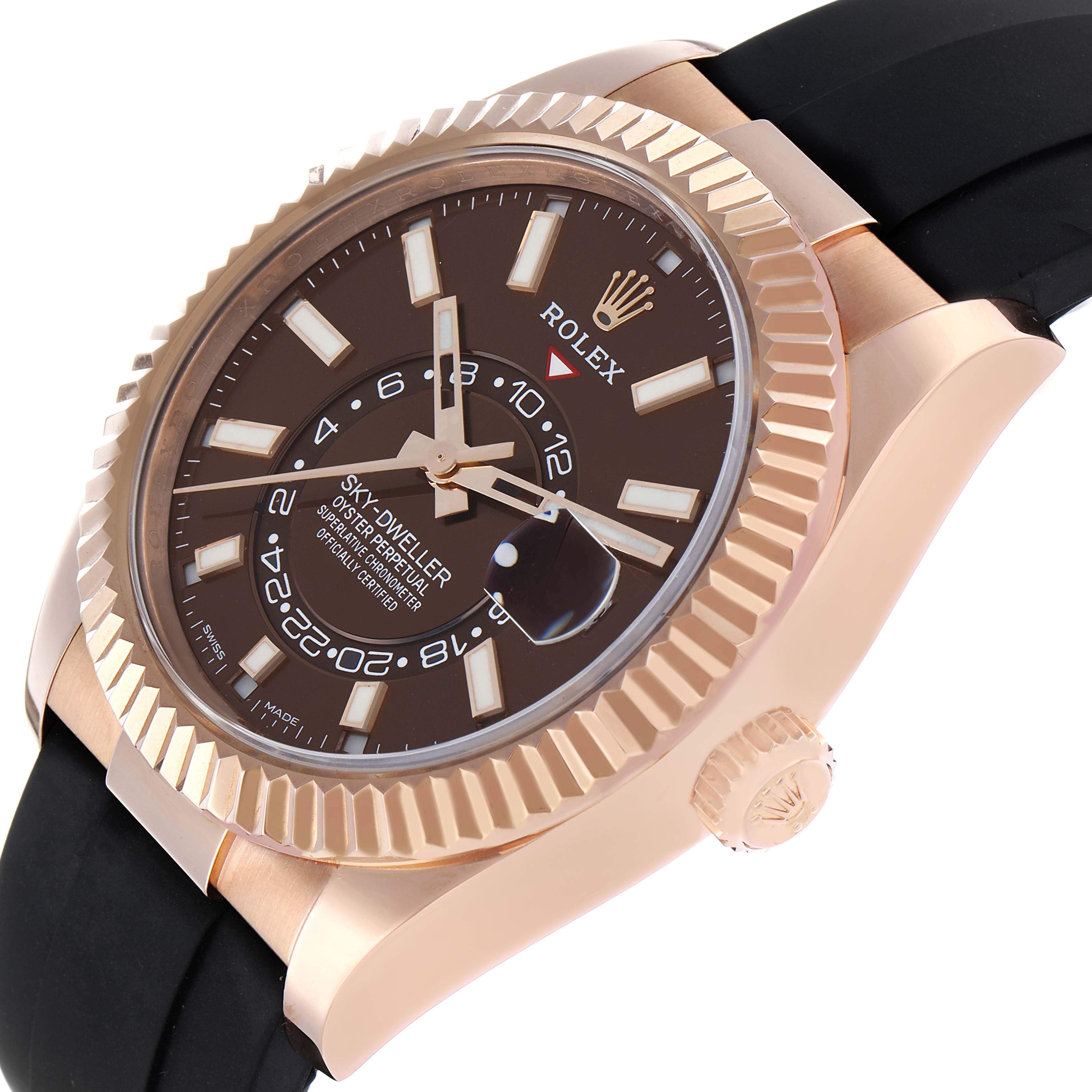 The Rolex Sky-Dweller 326235 Men's Rose Gold Brown Dial watch is shown at an angled side view, highlighting the bezel, crown, strap, and detailed dial.