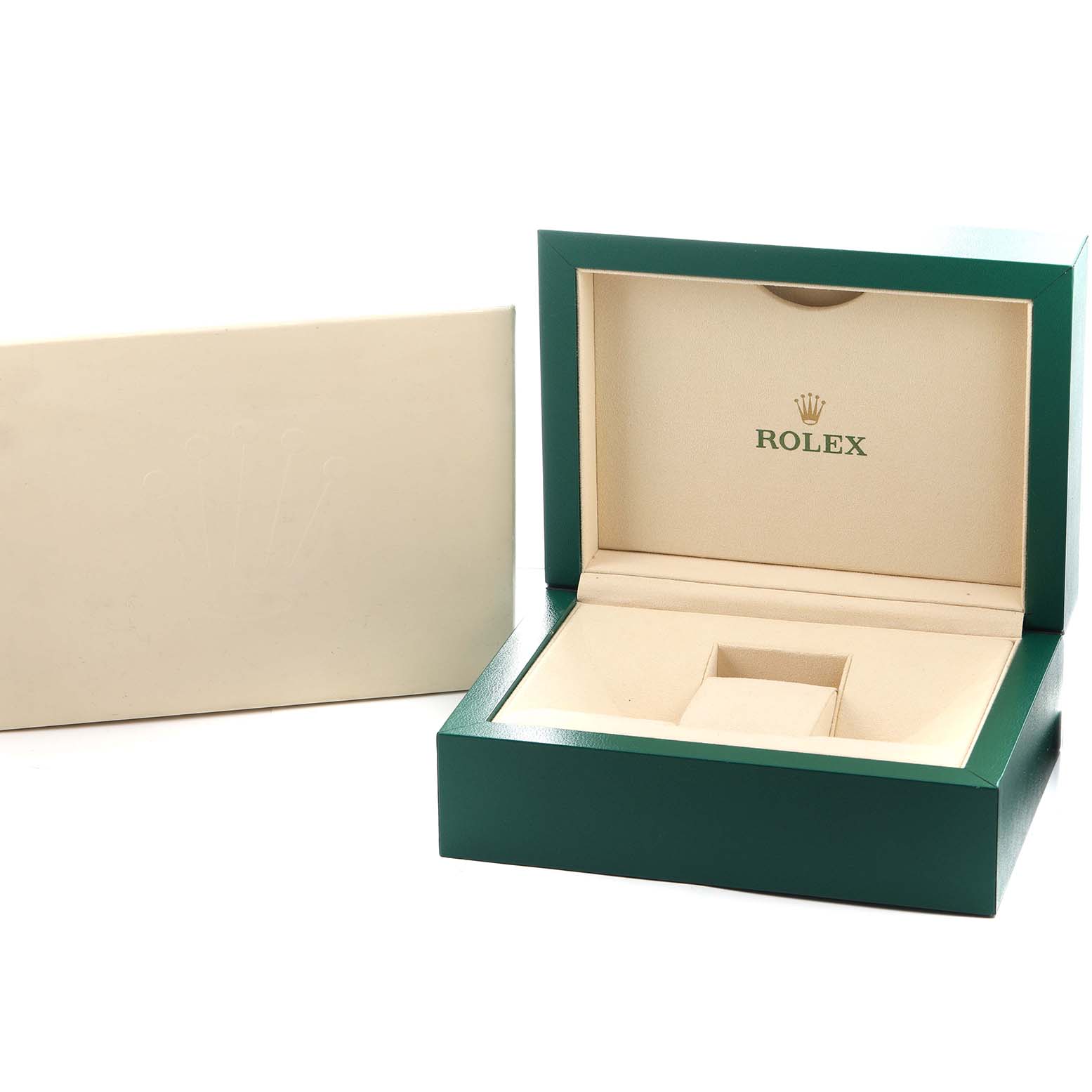 The image shows a green Rolex Sky-Dweller 326235 Men's Rose Gold Brown Dial watch box with its beige interior and an outer protective cover.