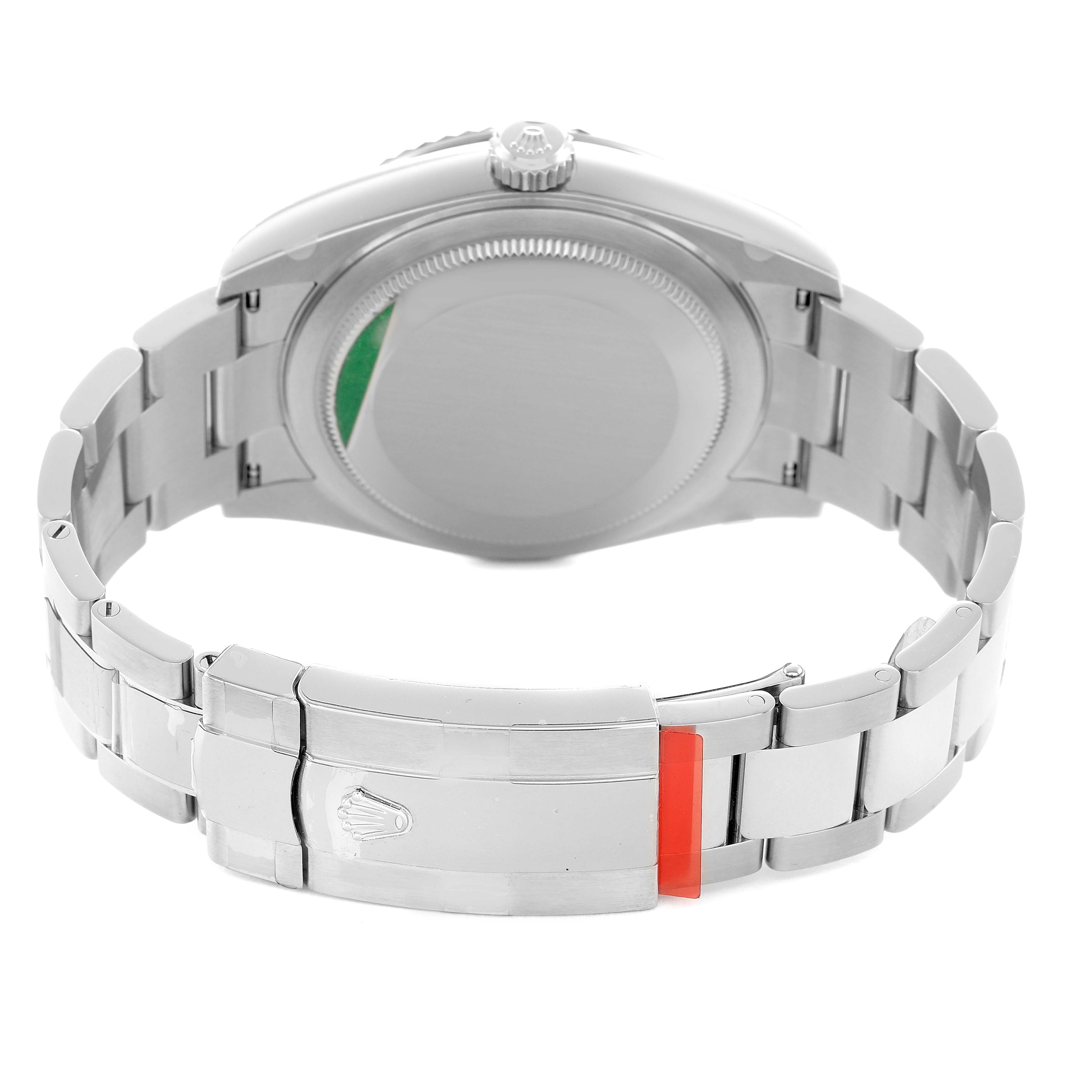 The image shows the back and bracelet of a Rolex Sky-Dweller 336934 Men's Stainless Steel White Dial, focusing on the clasp and case back.