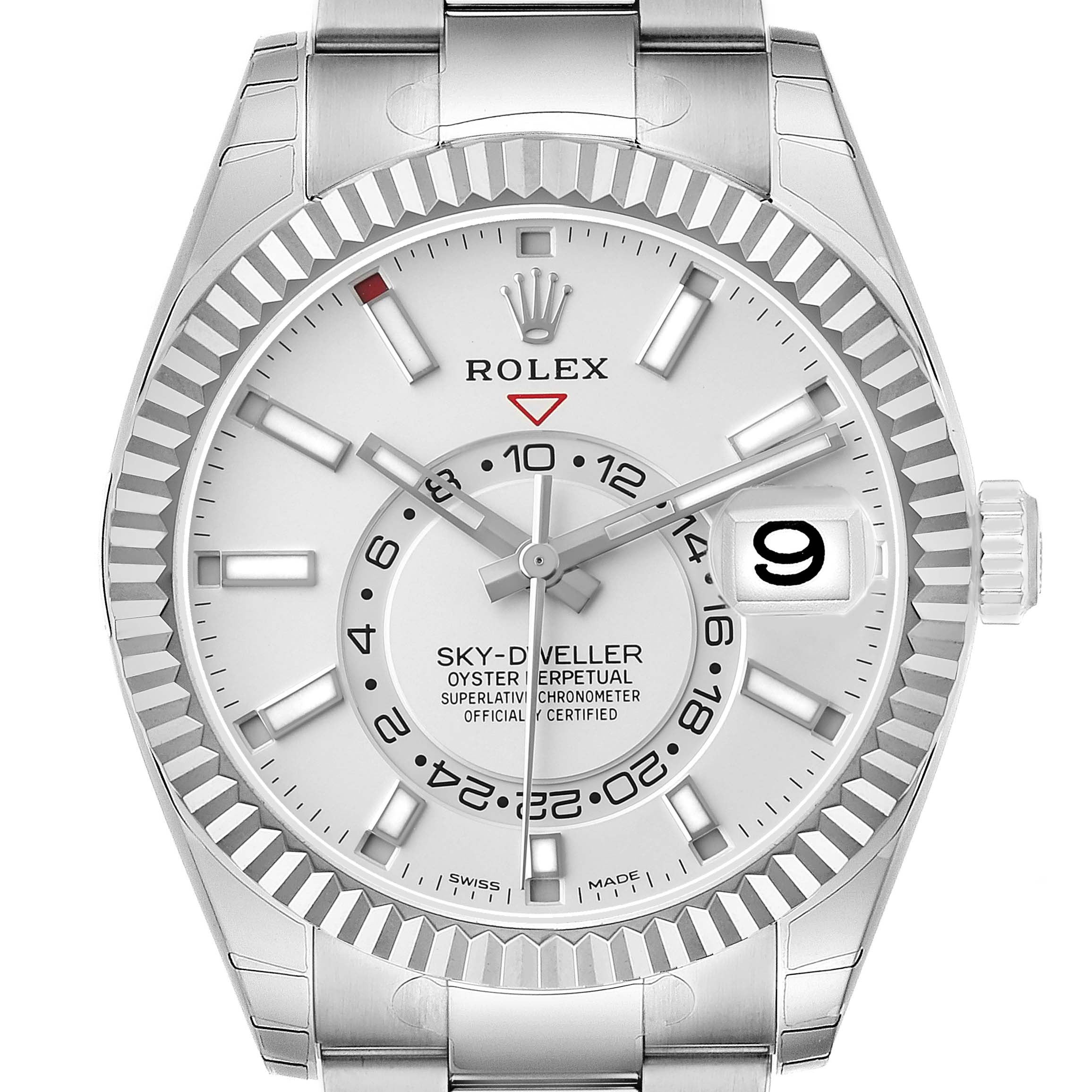 The Rolex Sky-Dweller 336934 Men's Stainless Steel White Dial is shown from a front view, displaying its white dial, fluted bezel, and date window.