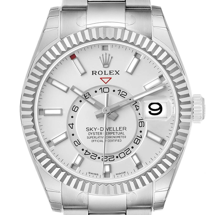 The Rolex Sky-Dweller 336934 Men's Stainless Steel White Dial is shown from a front view, displaying its white dial, fluted bezel, and date window.