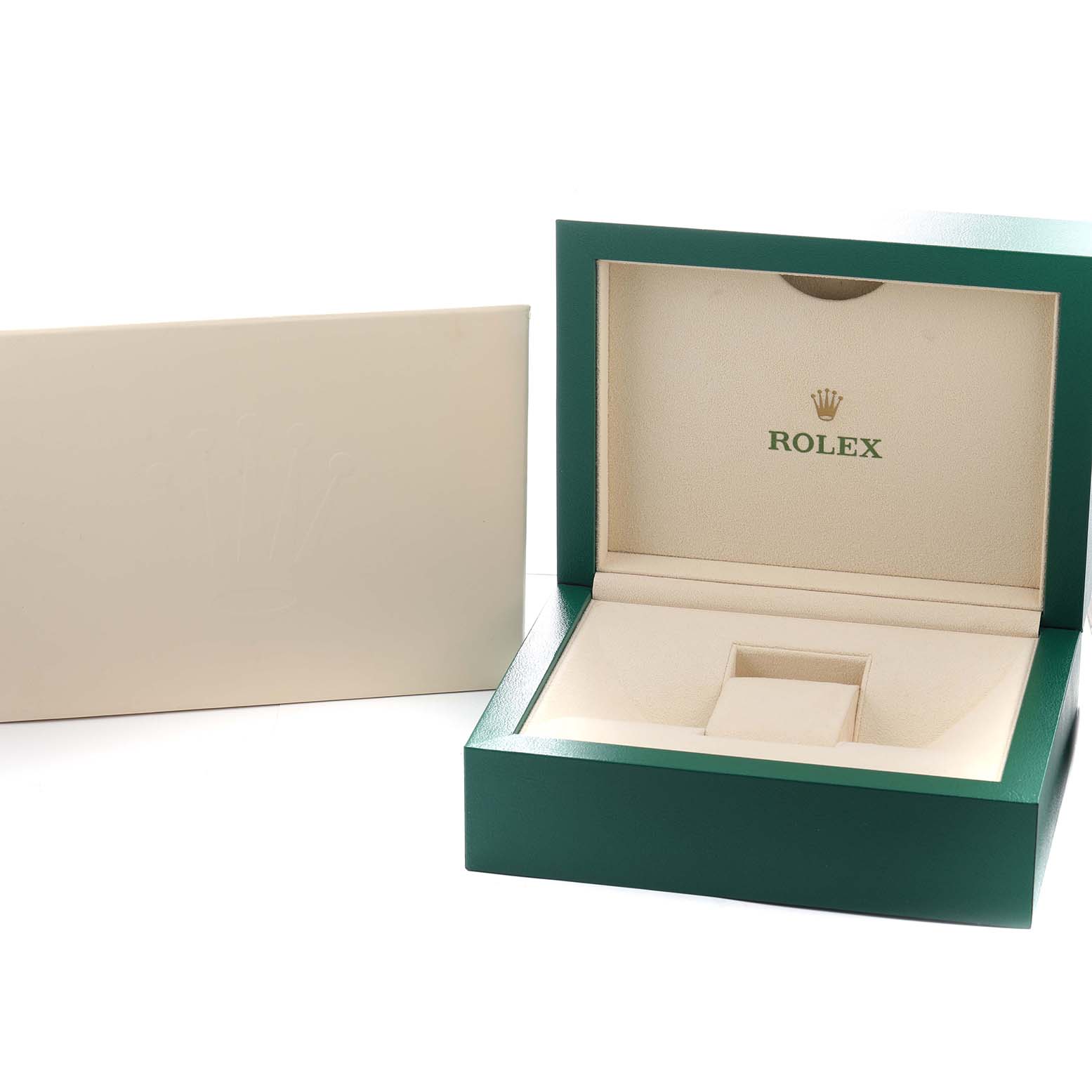 The image shows an open green Rolex box for the Sky-Dweller model, displaying its interior and exterior packaging.