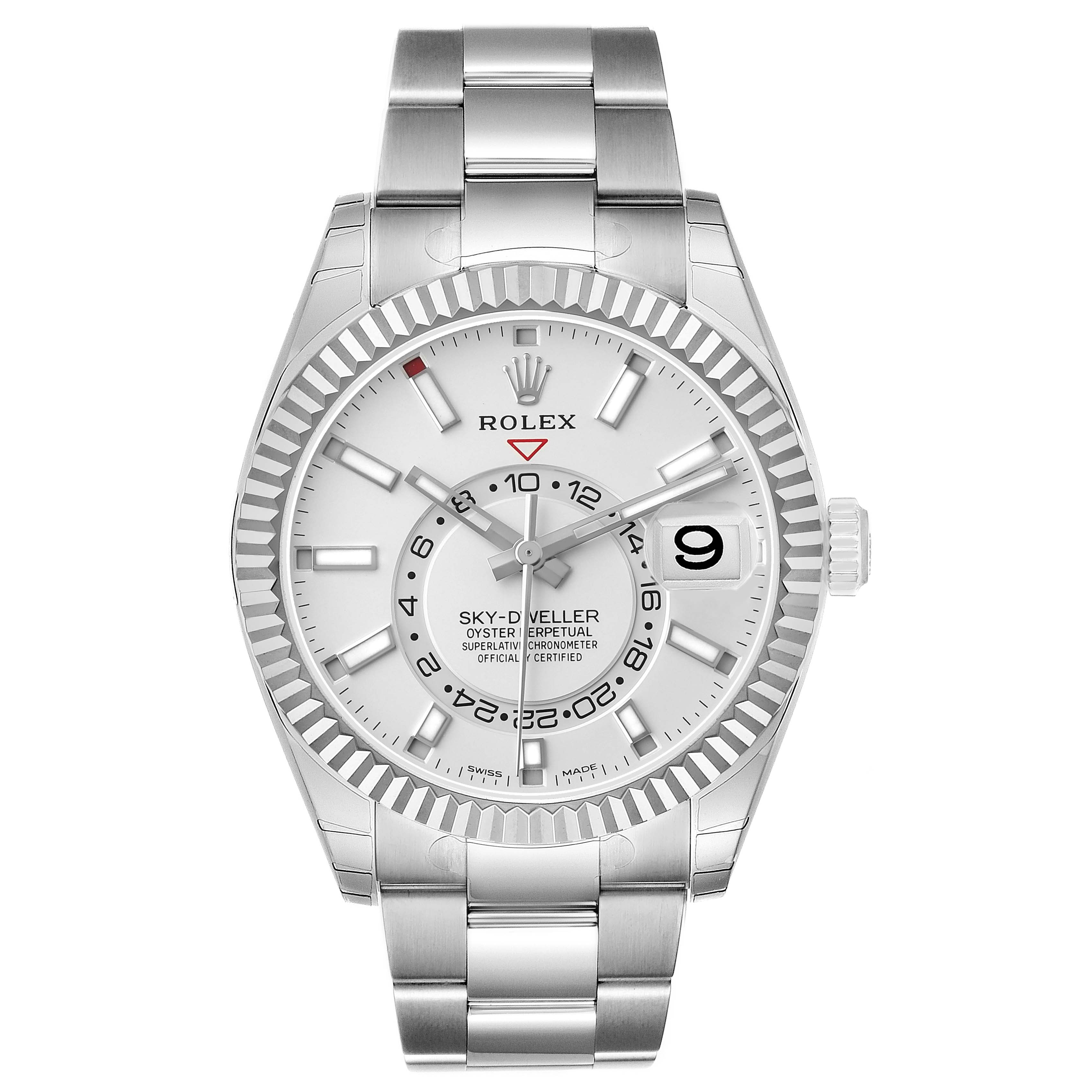 The Rolex Sky-Dweller 336934 Men's Stainless Steel White Dial watch is shown from the front, highlighting its face, bezel, and bracelet.
