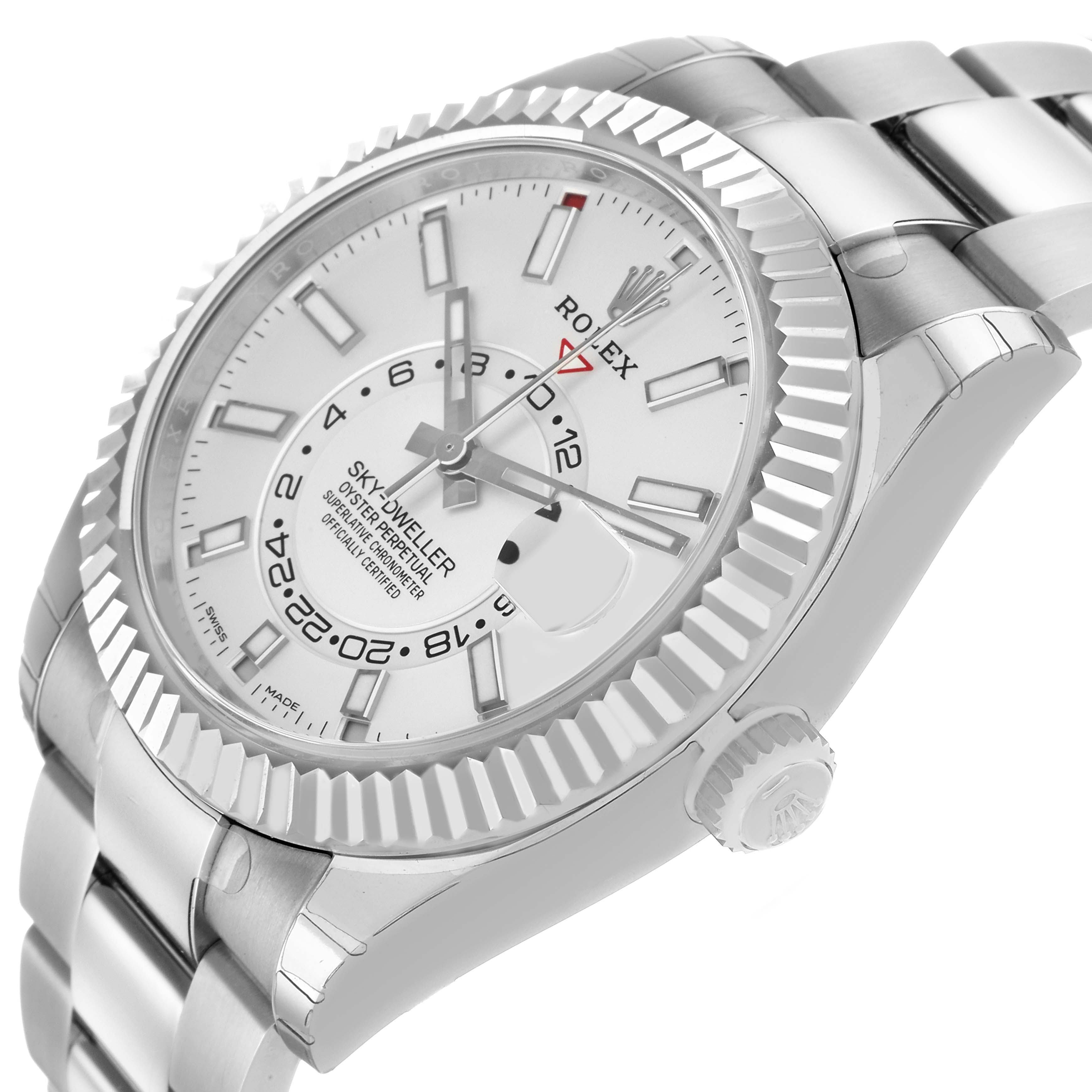 The Rolex Sky-Dweller 336934 Men's Stainless Steel White Dial watch is shown at an angled view, displaying the face, crown, and part of the bracelet.