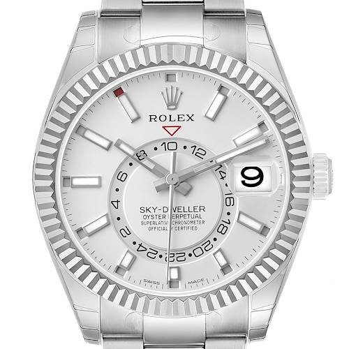 The Rolex Sky-Dweller 336934 Men's Stainless Steel White Dial watch is shown from a front angle, highlighting its white dial, bezel, crown, and bracelet.