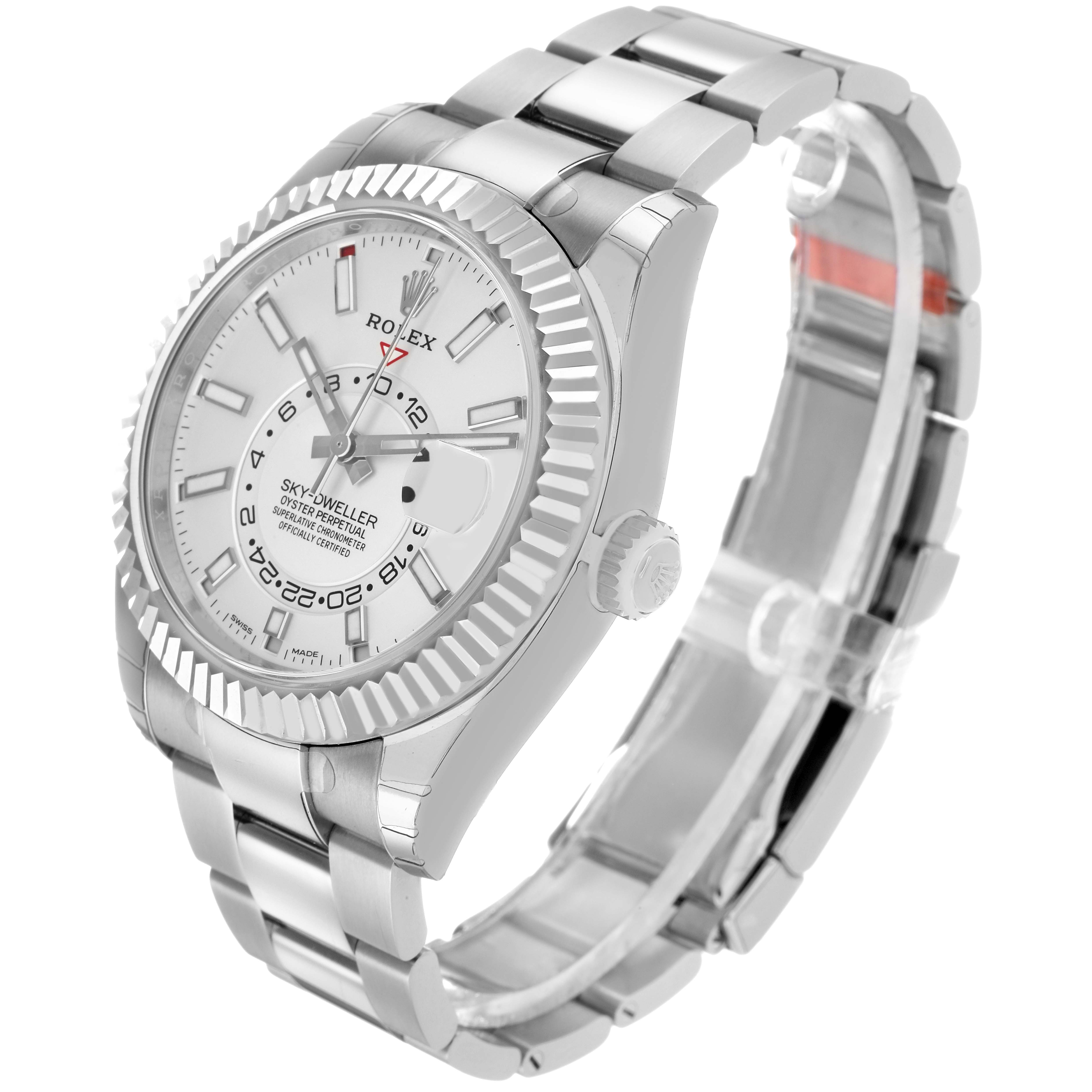 The Rolex Sky-Dweller 336934 Men's Stainless Steel White Dial is shown from a three-quarter angle highlighting its dial, bezel, crown, and bracelet.
