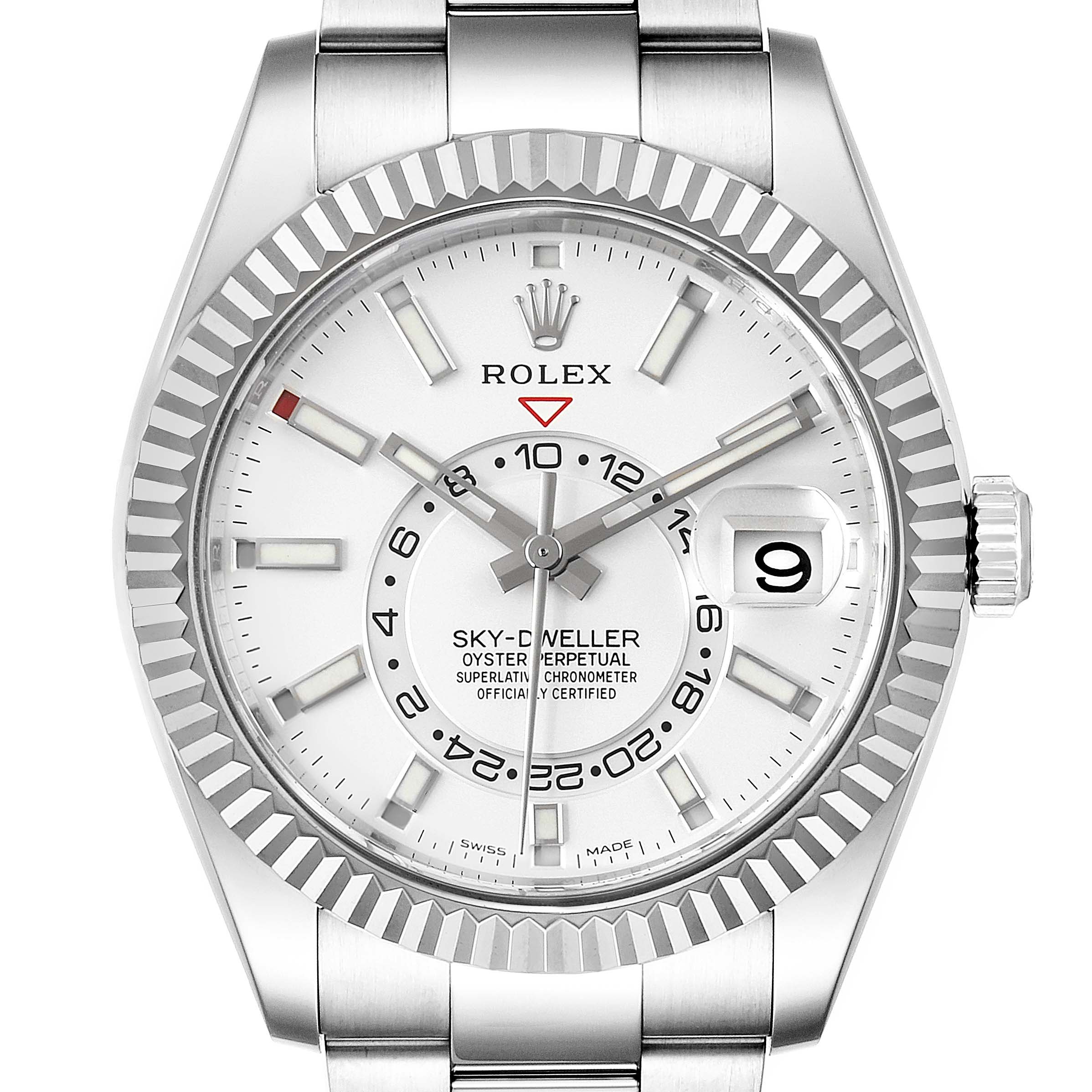 This image shows a front view of the Rolex Sky-Dweller 326934 Men's Stainless Steel White Dial 326934 Men's Stainless Steel White Dial watch, displaying the dial, bezel, crown, and part of the bracelet.