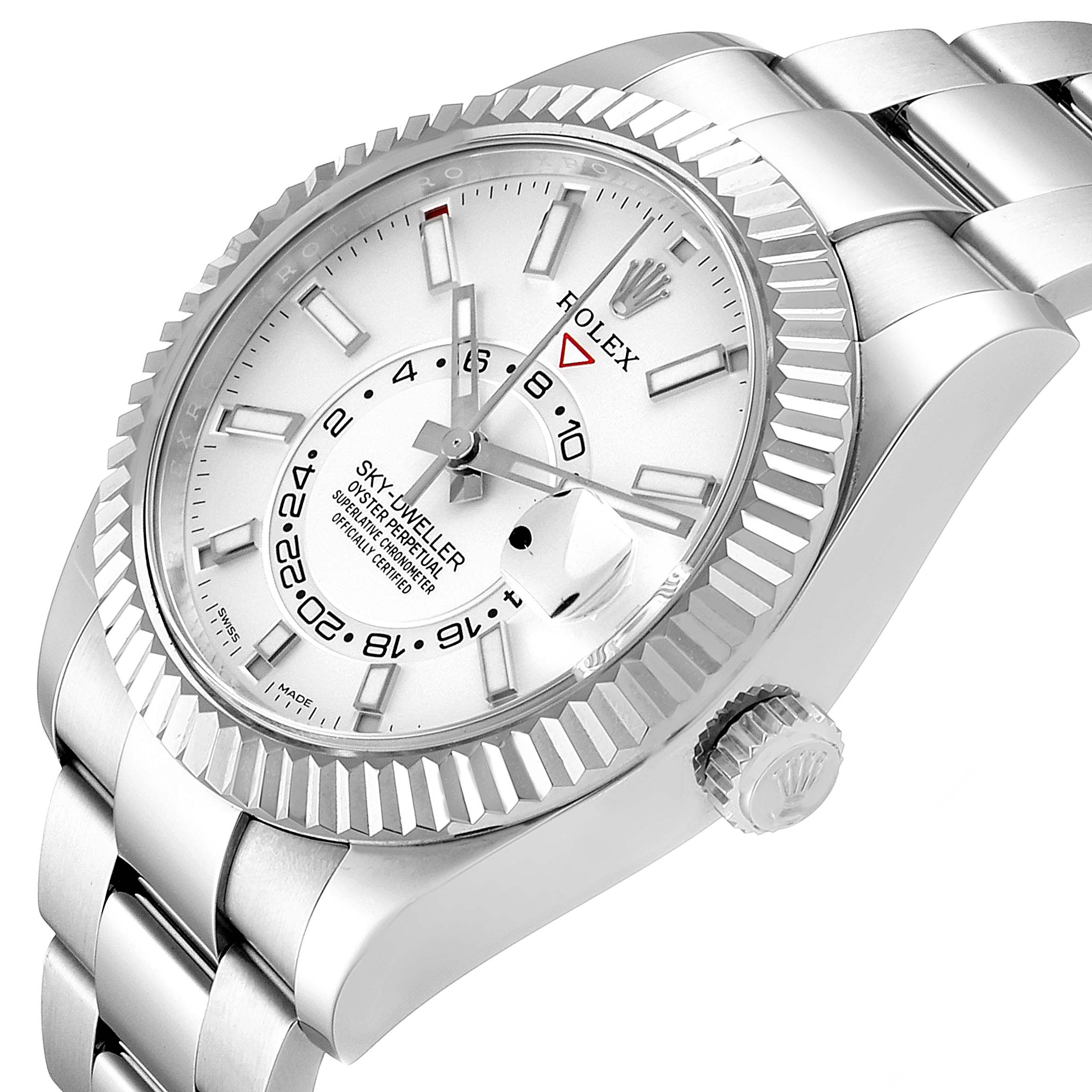 The image shows a Rolex Sky-Dweller 326934 Men's Stainless Steel White Dial 326934 Men's Stainless Steel White Dial watch from a slightly angled side view, highlighting the bezel, dial, crown, and bracelet.