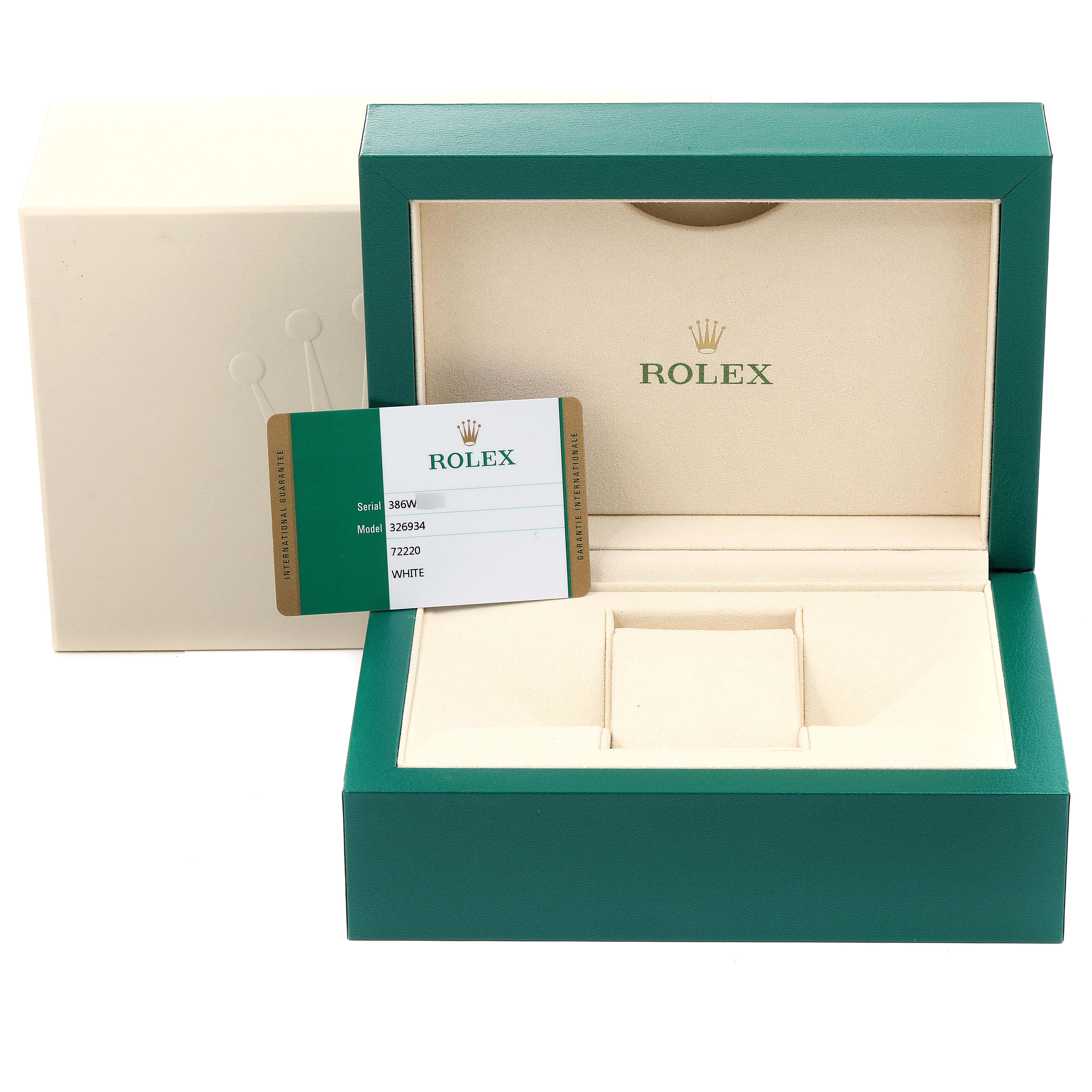 The image shows the open packaging, warranty card, and interior box of a Rolex Sky-Dweller 326934 Men's Stainless Steel White Dial 326934 Men's Stainless Steel White Dial watch.
