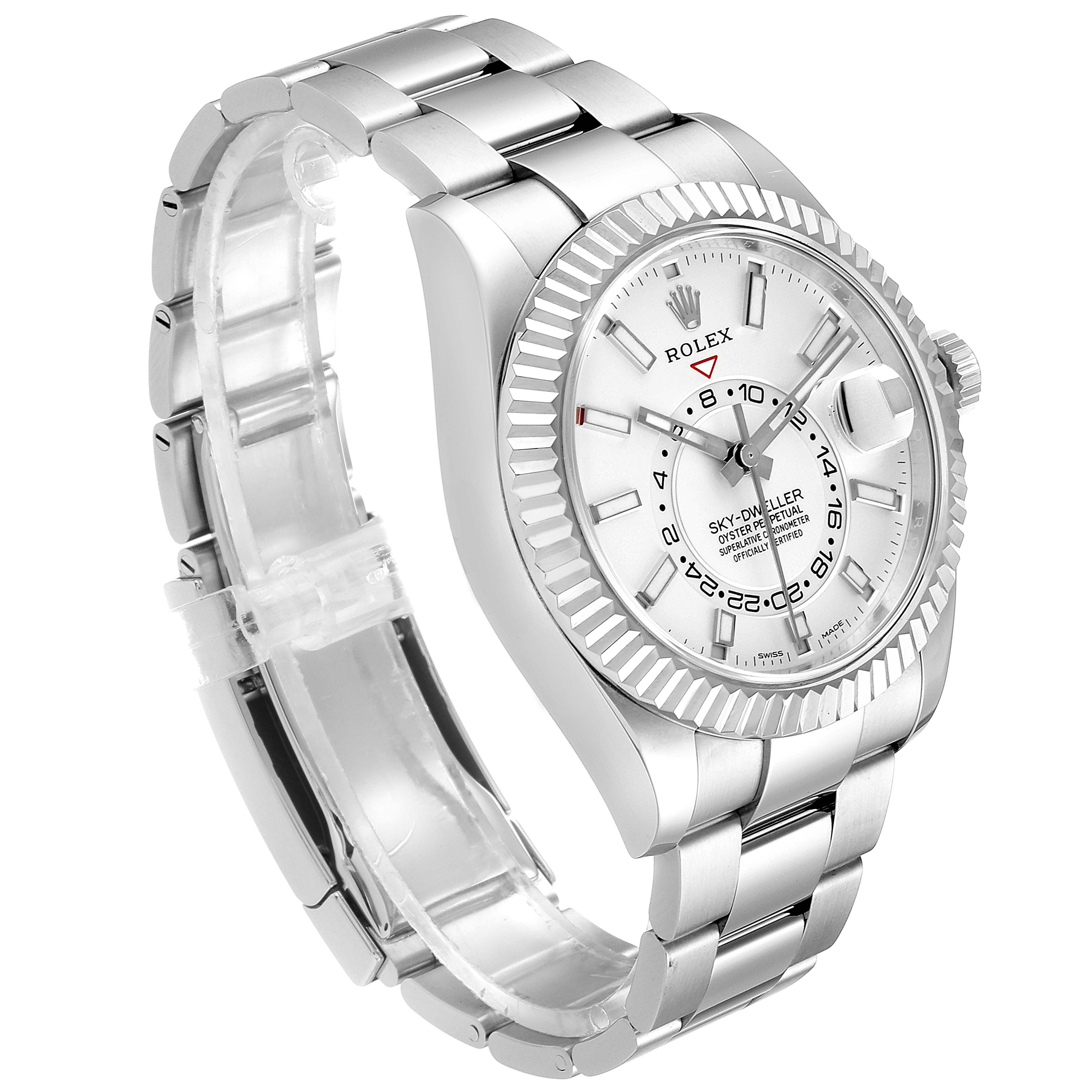 The image shows a Rolex Sky-Dweller 326934 Men's Stainless Steel White Dial 326934 Men's Stainless Steel White Dial watch at a three-quarters angle highlighting the dial, bezel, crown, and bracelet.