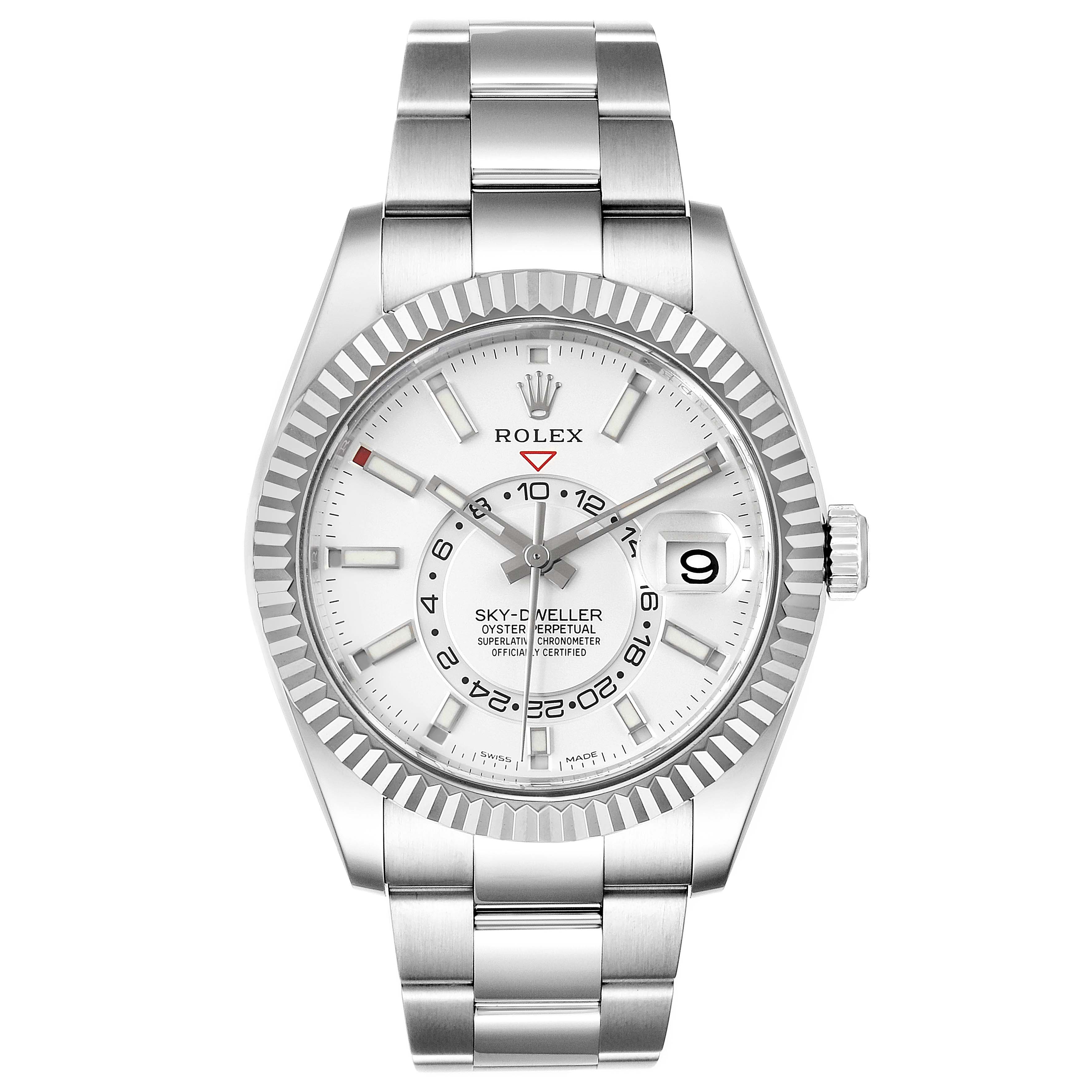 The Rolex Sky-Dweller 326934 Men's Stainless Steel White Dial 326934 Men's Stainless Steel White Dial watch is shown from a front angle, highlighting its dial, bezel, case, and bracelet.