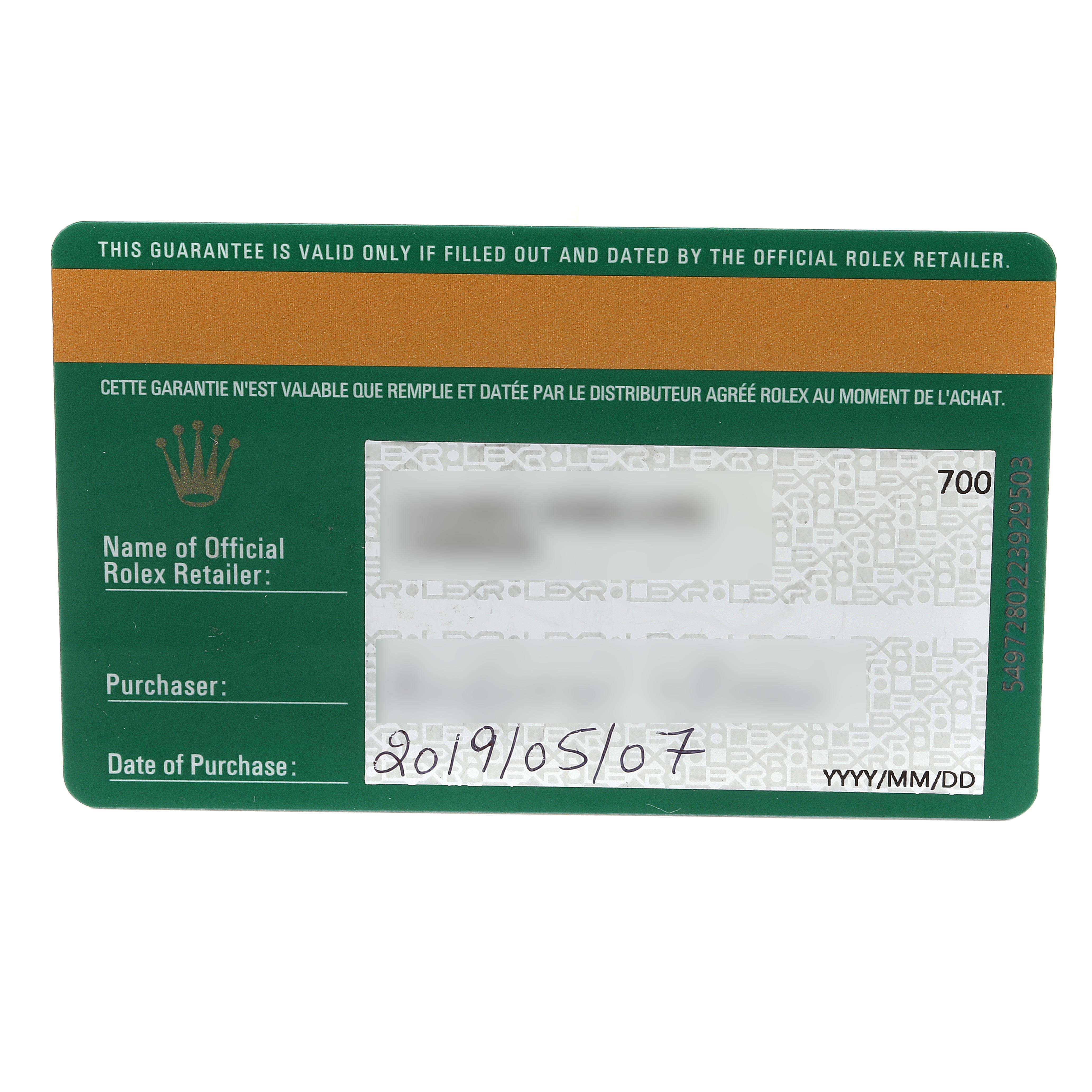 This image shows the guarantee card for the Rolex Sky-Dweller 326934 Men's Stainless Steel White Dial 326934 Men's Stainless Steel White Dial, displaying the purchase date, retailer, and purchaser information.