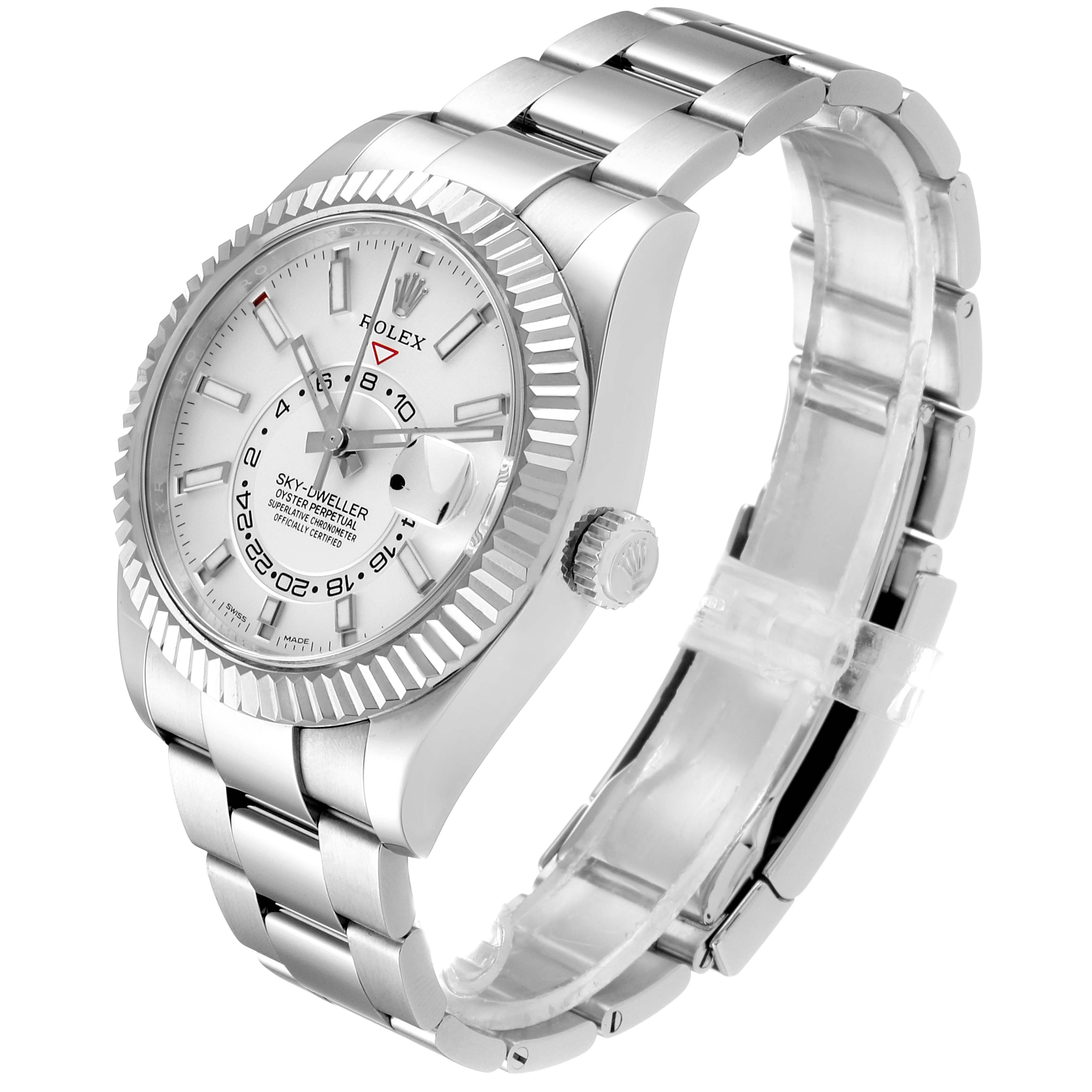 The image shows a Rolex Sky-Dweller 326934 Men's Stainless Steel White Dial 326934 Men's Stainless Steel White Dial watch at an angle highlighting its face, bezel, crown, and part of the bracelet.