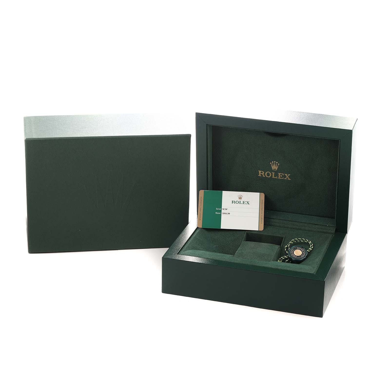 The image shows a Rolex Sky-Dweller 326139 Men's White Gold Black Dial box from an angled view, with a warranty card and tag inside.