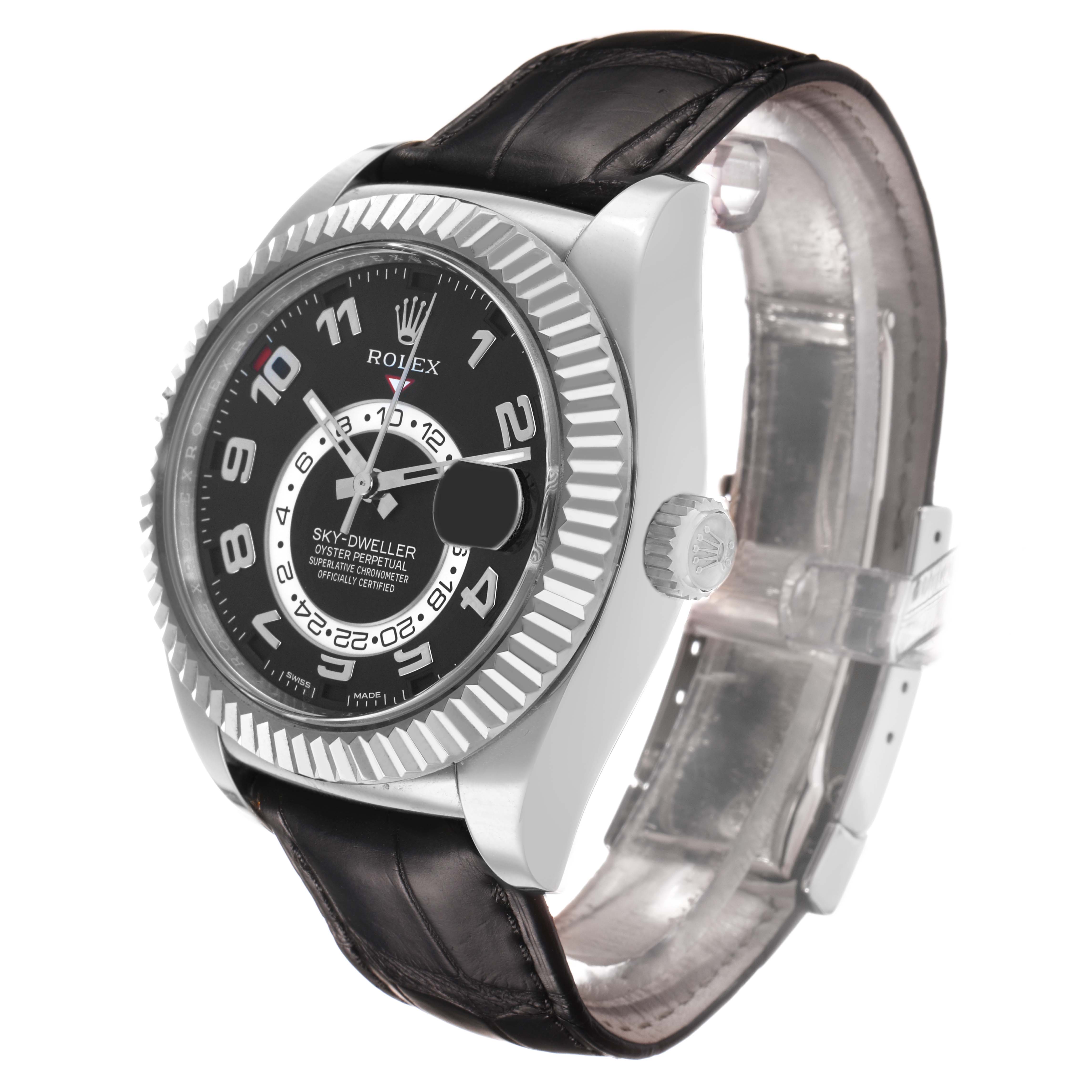 The Rolex Sky-Dweller 326139 Men's White Gold Black Dial watch is shown from a three-quarter angle, displaying the face, case, bezel, and leather strap.