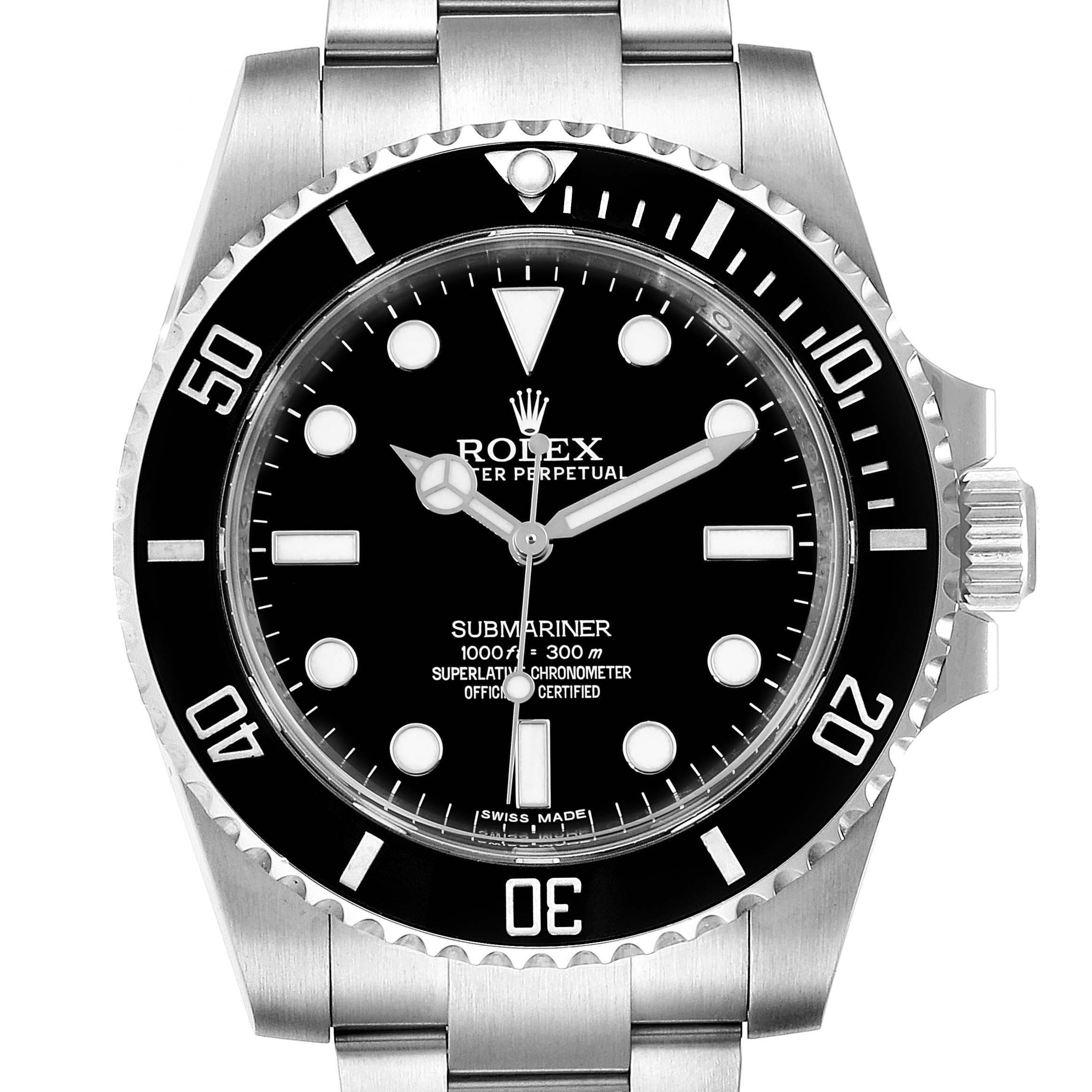 The image shows a front view of a Rolex Submariner 114060 Men's Stainless Steel Black Dial 114060 Men's Stainless Steel Black Dial watch, displaying its face, bezel, and part of its metal bracelet.