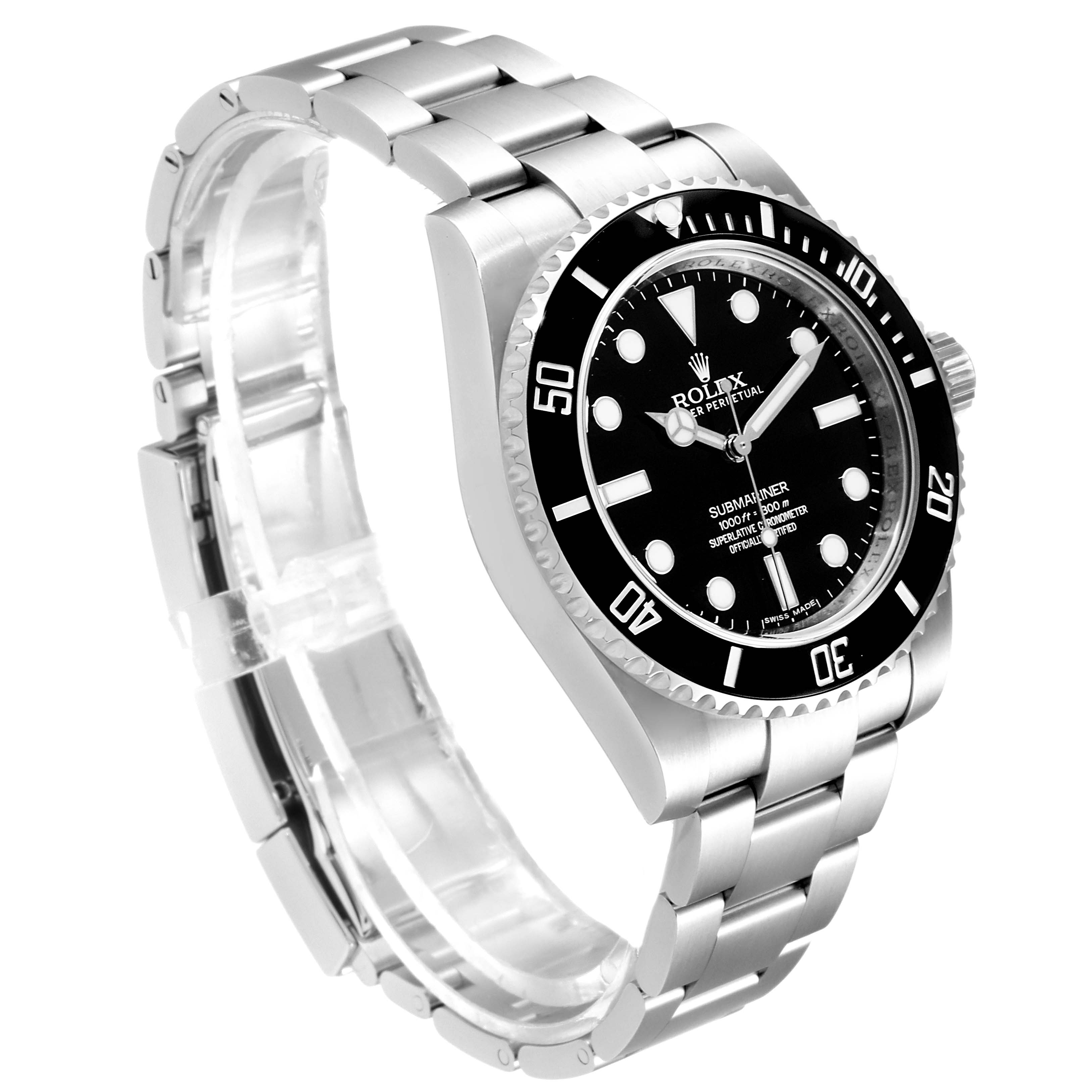 The Rolex Submariner 114060 Men's Stainless Steel Black Dial 114060 Men's Stainless Steel Black Dial watch is shown from an angled side view, displaying its face, bezel, and part of the bracelet.