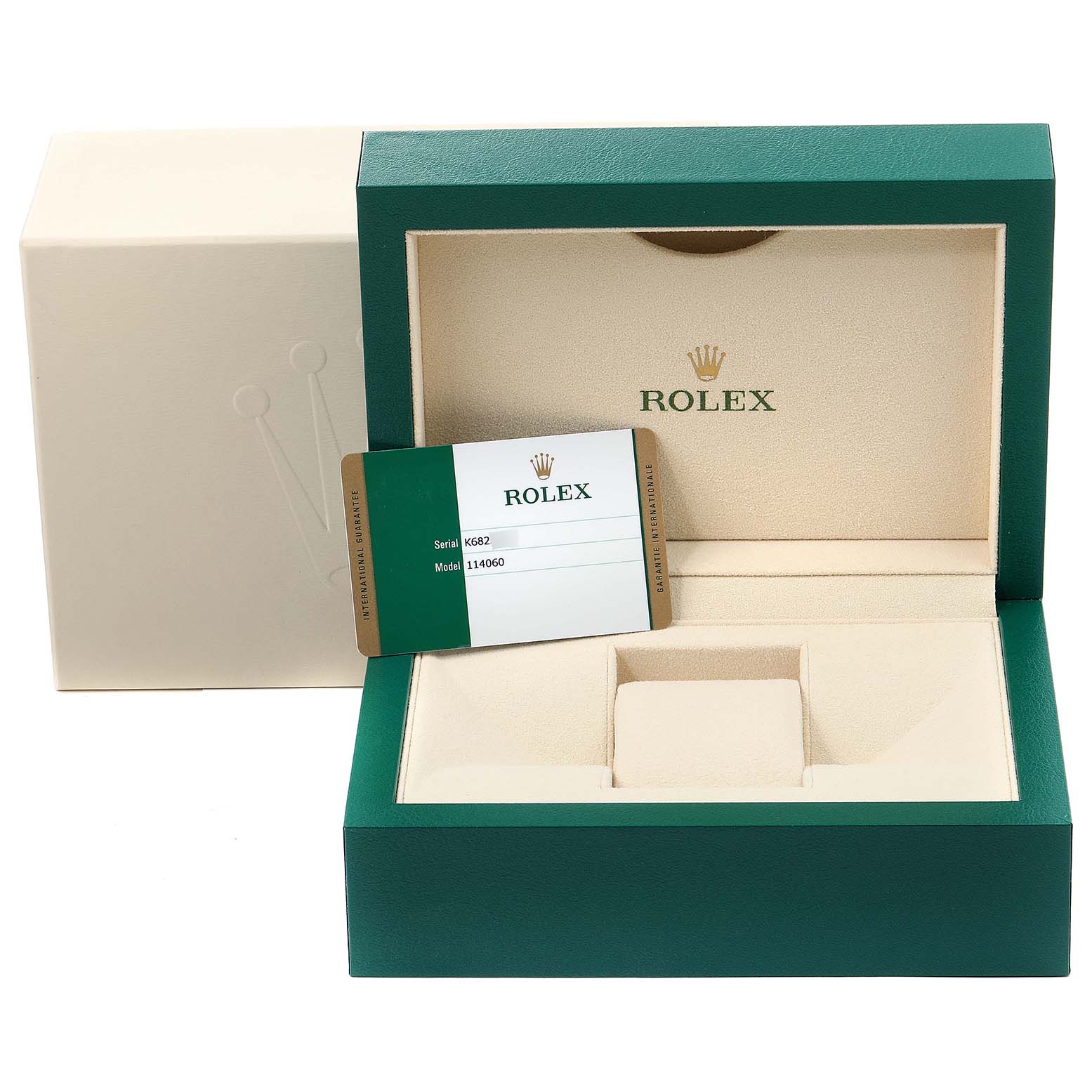 The image displays the packaging and warranty card for the Rolex Submariner 114060 Men's Stainless Steel Black Dial 114060 Men's Stainless Steel Black Dial model.