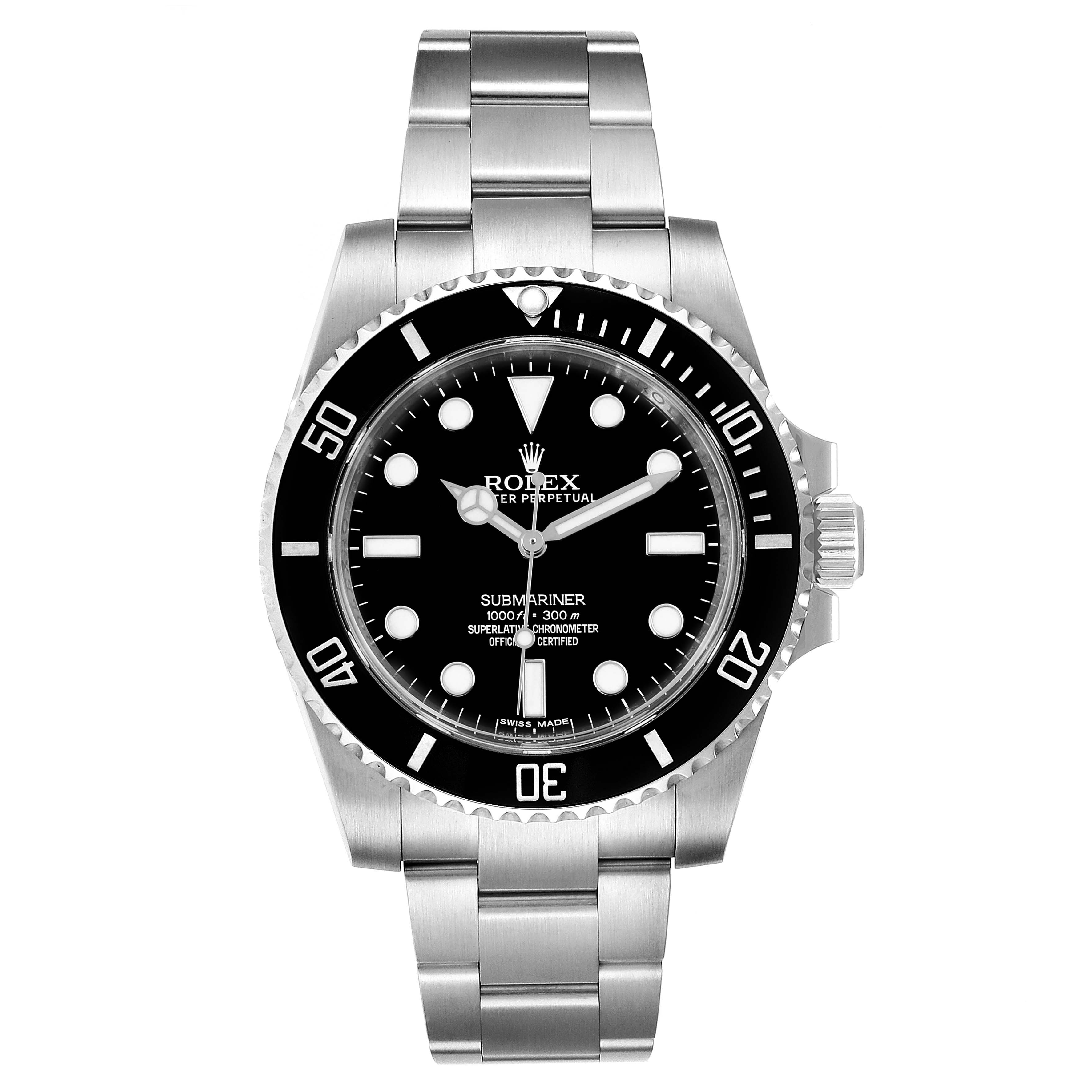 This image shows a front view of the Rolex Submariner 114060 Men's Stainless Steel Black Dial 114060 Men's Stainless Steel Black Dial watch, featuring the dial, bezel, and bracelet.