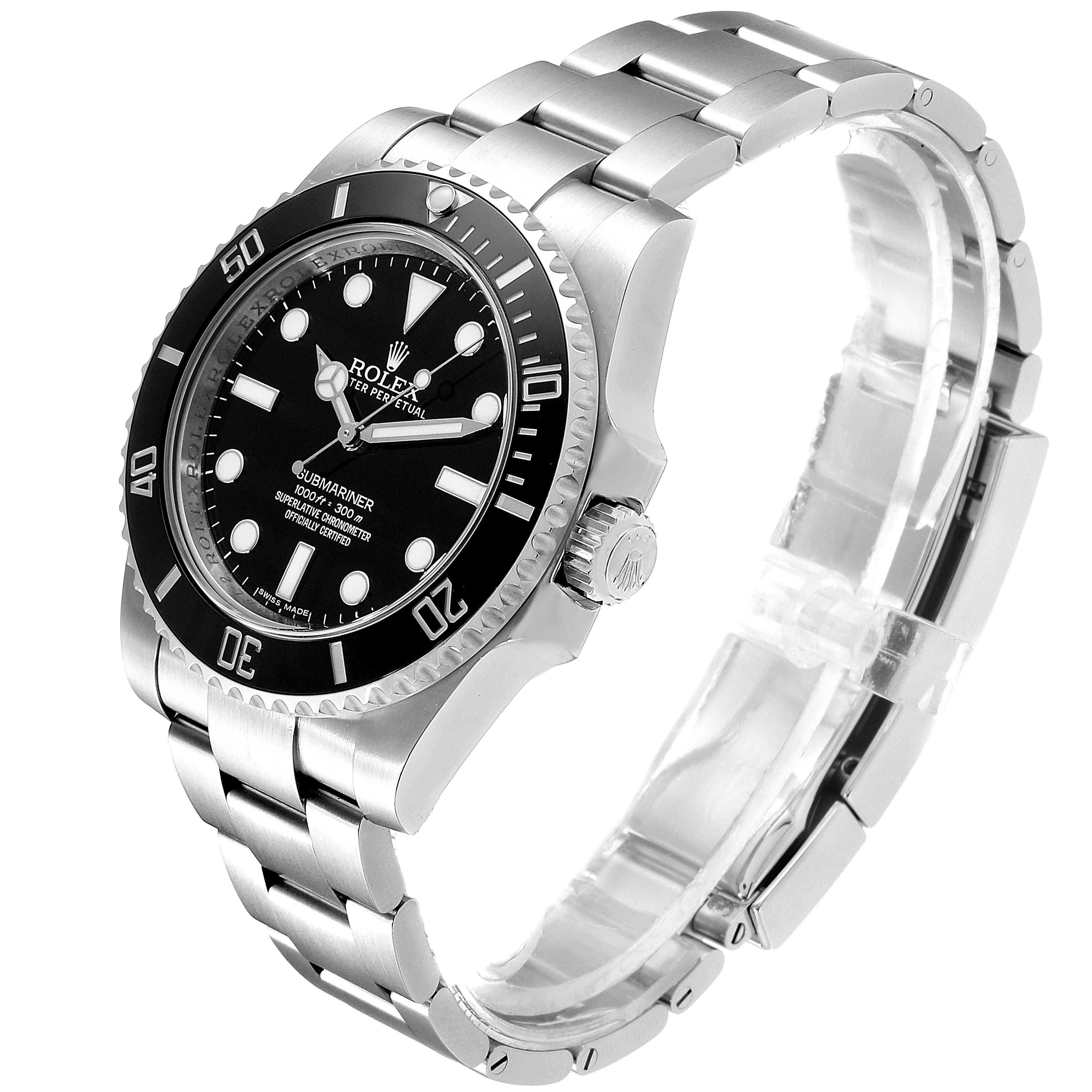 This image shows a side view of a Rolex Submariner 114060 Men's Stainless Steel Black Dial 114060 Men's Stainless Steel Black Dial watch, highlighting the bezel, crown, and bracelet.