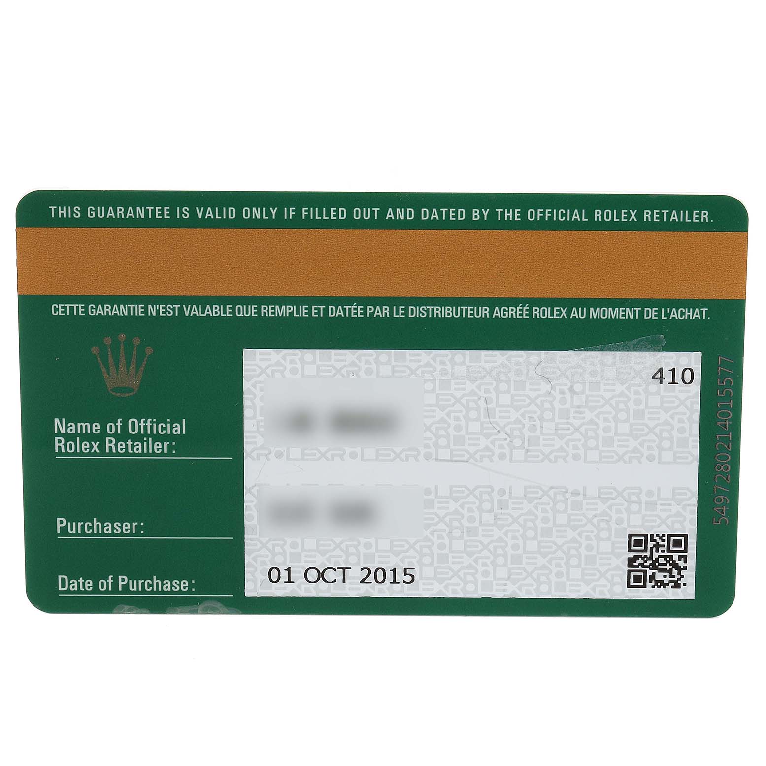 This shows the guarantee card for a Rolex Submariner 114060 Men's Stainless Steel Black Dial 114060 Men's Stainless Steel Black Dial watch.