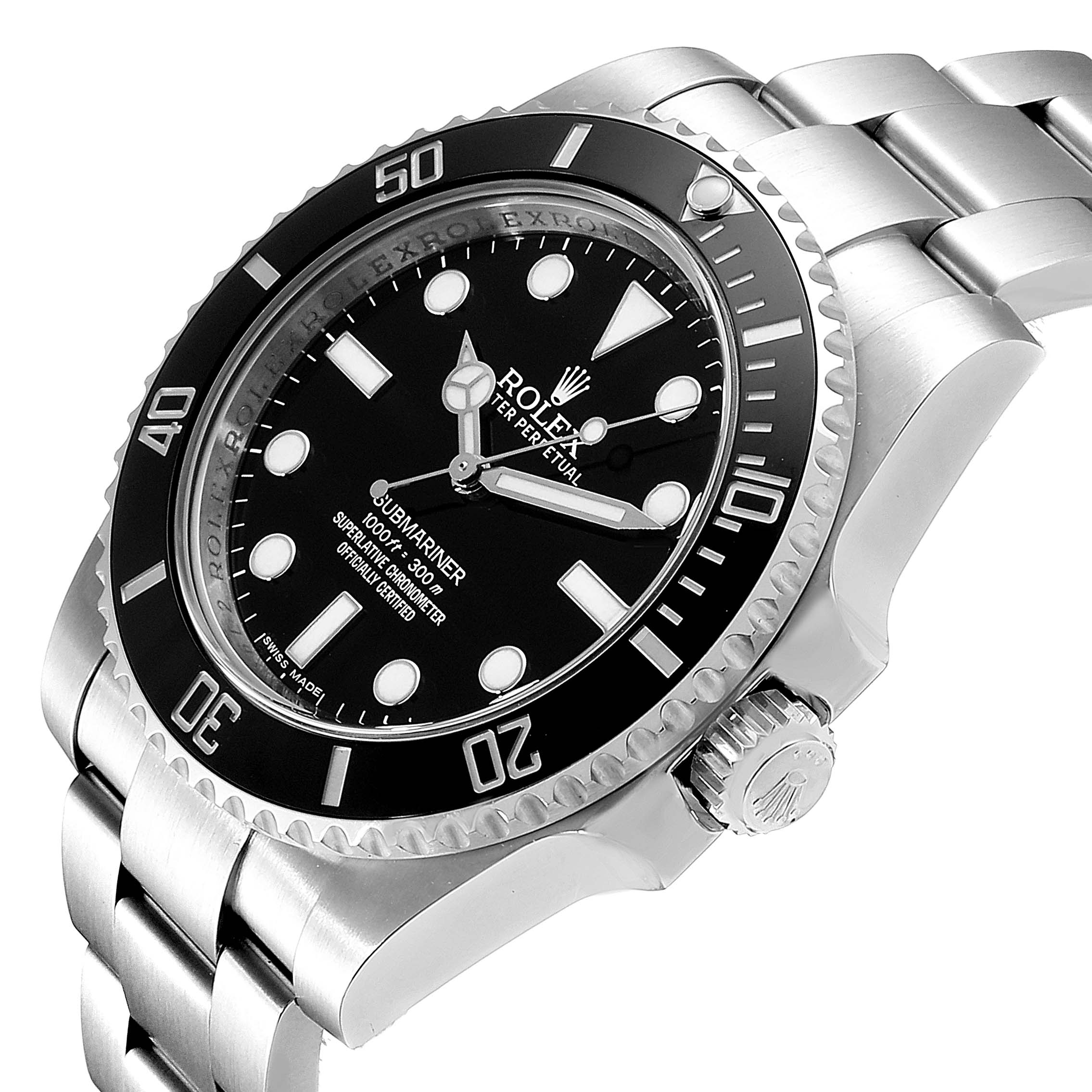 This image shows a close-up, angled view of the Rolex Submariner 114060 Men's Stainless Steel Black Dial 114060 Men's Stainless Steel Black Dial, highlighting the bezel, dial, and part of the bracelet.