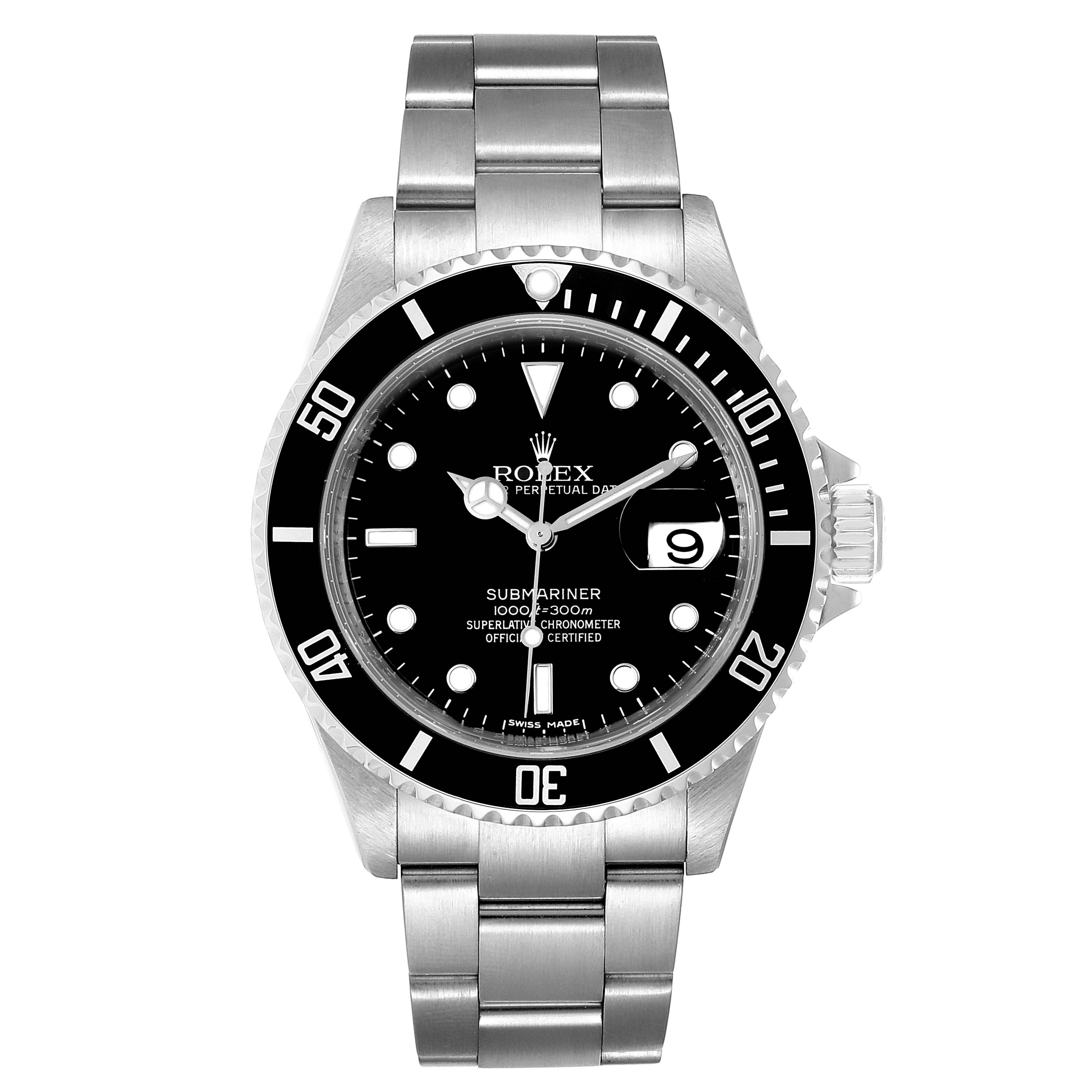 This image displays a frontal view of a Rolex Submariner 16610 Men
s Stainless Steel Black Dial 16610 Men
s Stainless Steel Black Dial watch, showcasing its dial, bezel, and metal bracelet.