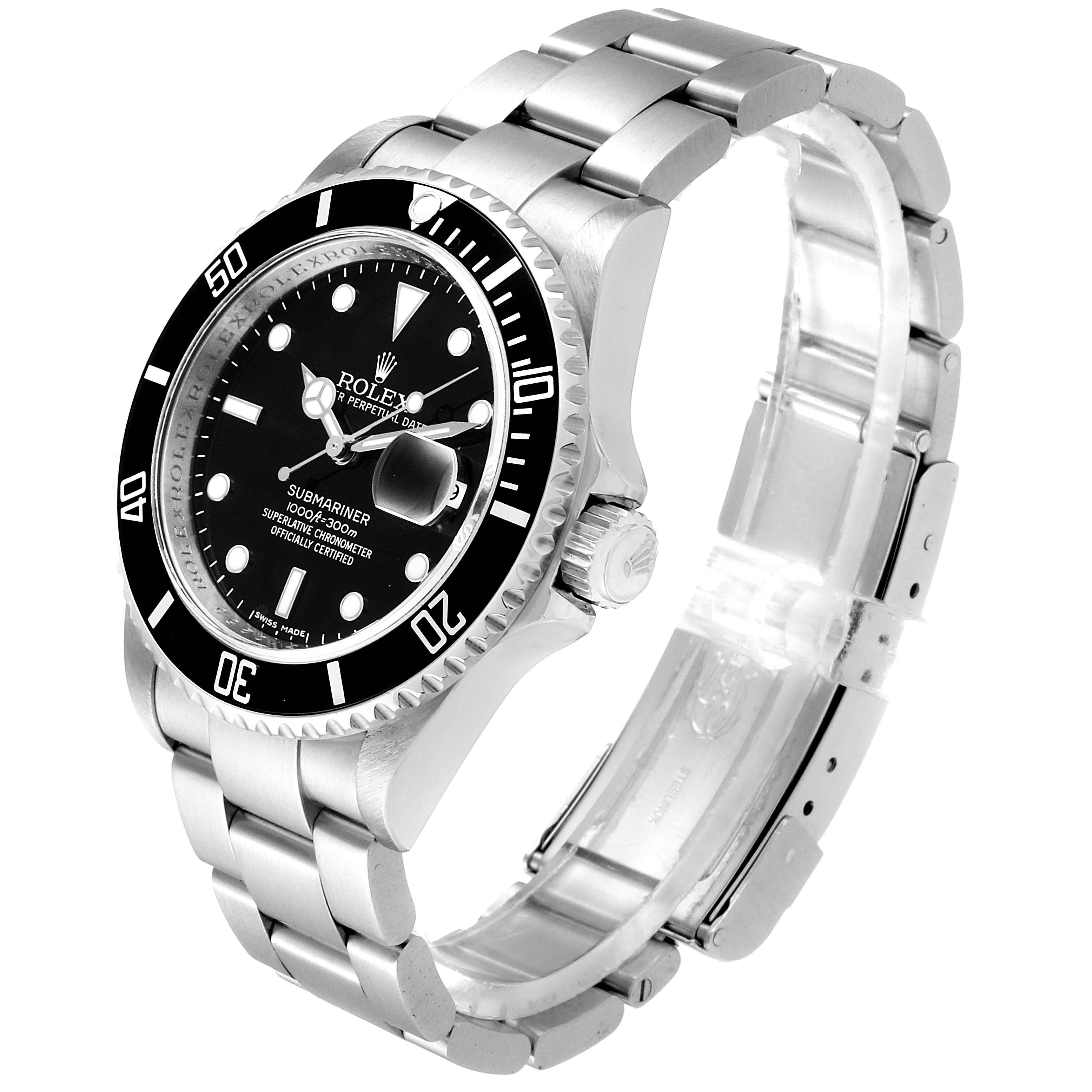 The Rolex Submariner 16610 Men
s Stainless Steel Black Dial 16610 Men
s Stainless Steel Black Dial watch is shown at a right-side angle displaying its face, bezel, crown, and metal bracelet.