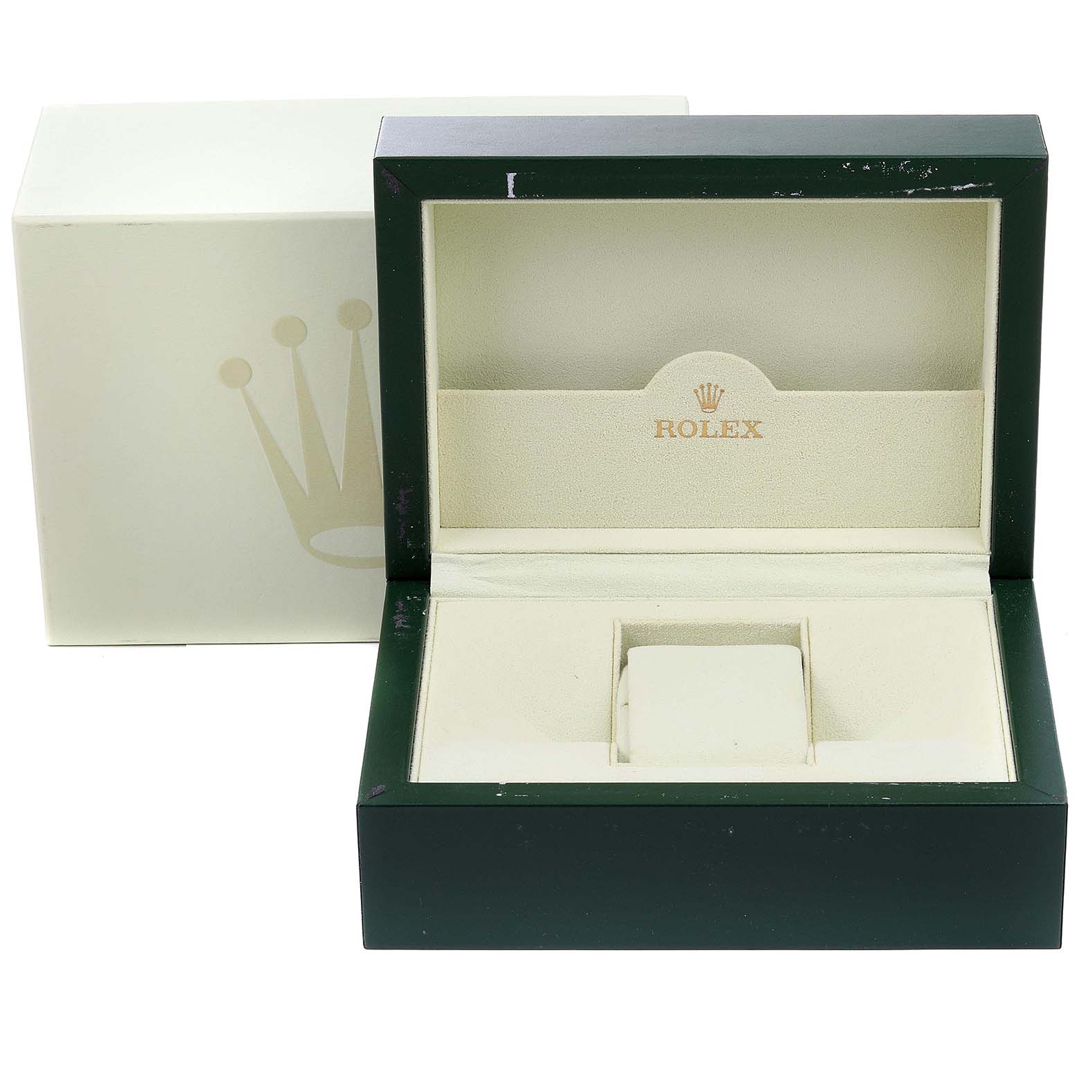 This image shows an open Rolex Submariner 16610 Men
s Stainless Steel Black Dial 16610 Men
s Stainless Steel Black Dial watch box, displaying the interior with the brand logo.