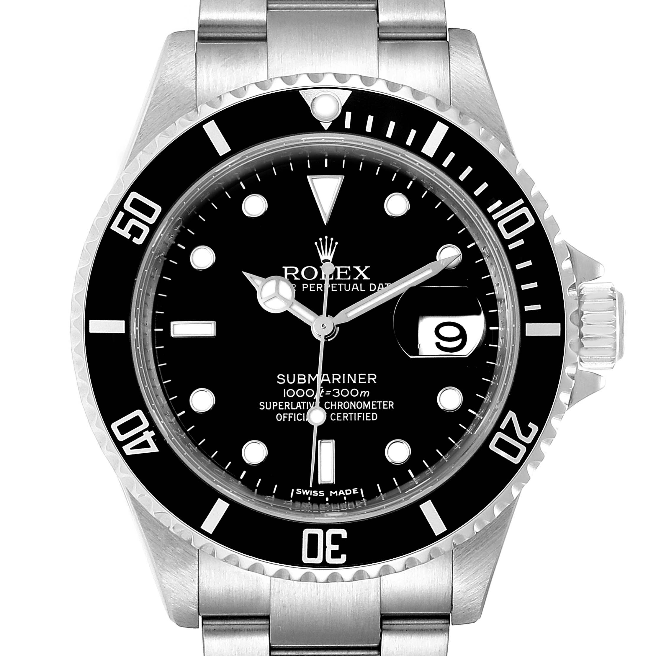 This image shows a Rolex Submariner 16610 Men
s Stainless Steel Black Dial 16610 Men
s Stainless Steel Black Dial watch from the front, highlighting its dial, bezel, case, and bracelet.