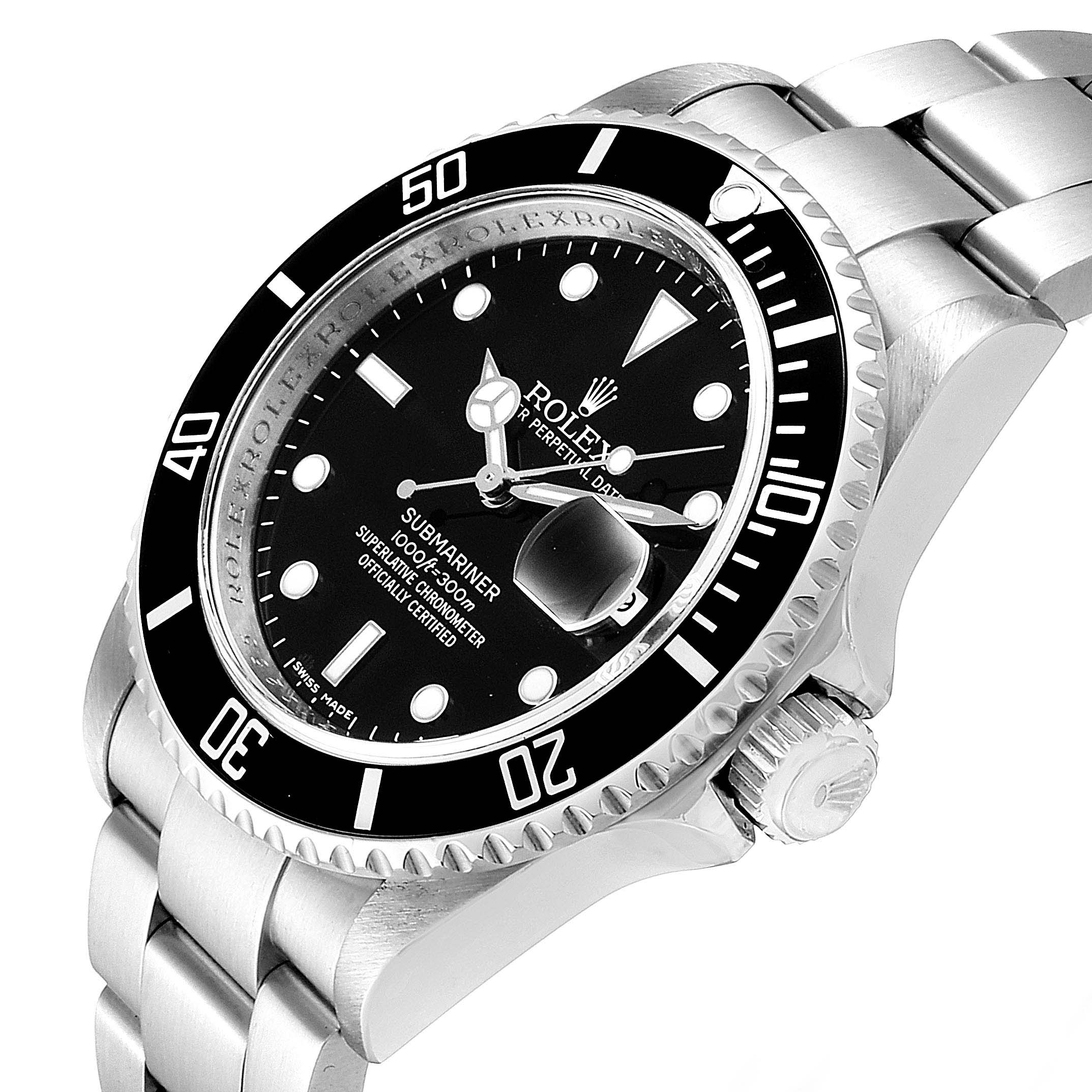 The image shows a Rolex Submariner 16610 Men
s Stainless Steel Black Dial 16610 Men
s Stainless Steel Black Dial watch angled from the side, highlighting its bezel, dial, and bracelet.