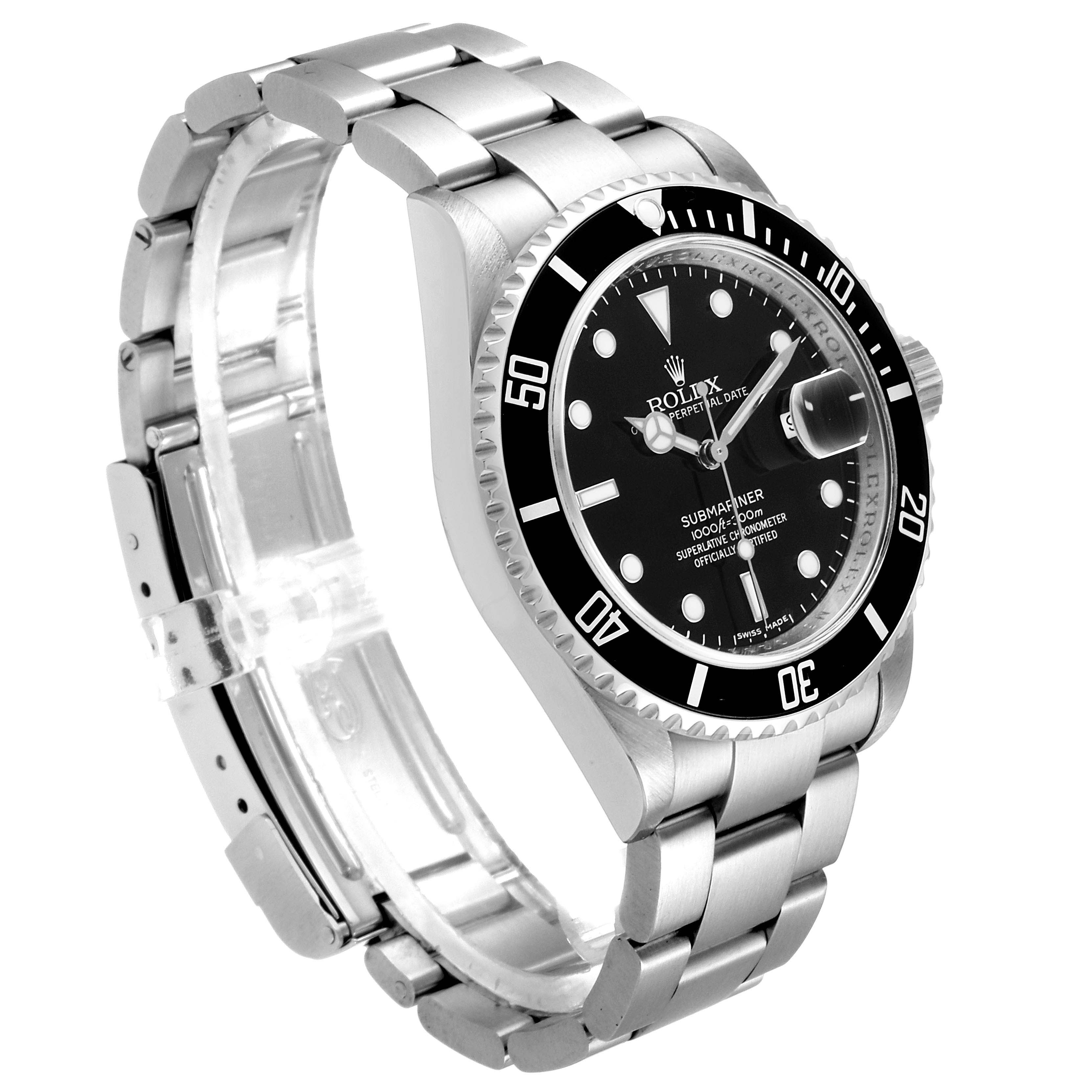 The Rolex Submariner 16610 Men
s Stainless Steel Black Dial 16610 Men
s Stainless Steel Black Dial watch is shown at an angle, displaying the face, bezel, crown, and bracelet.