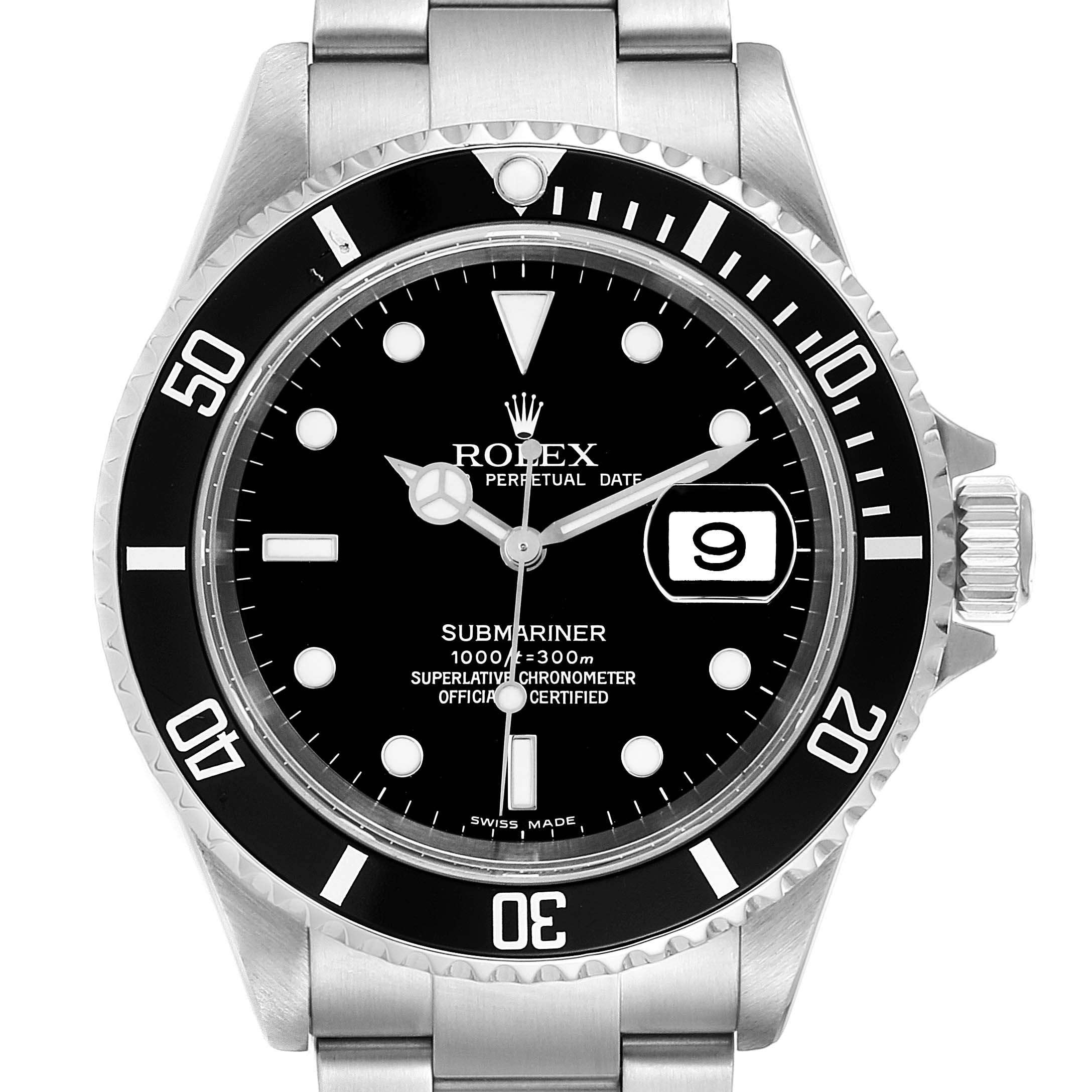 This image shows a front view of a Rolex Submariner 16610 Men
s Stainless Steel Black Dial 16610 Men
s Stainless Steel Black Dial, highlighting its dial, bezel, and bracelet.