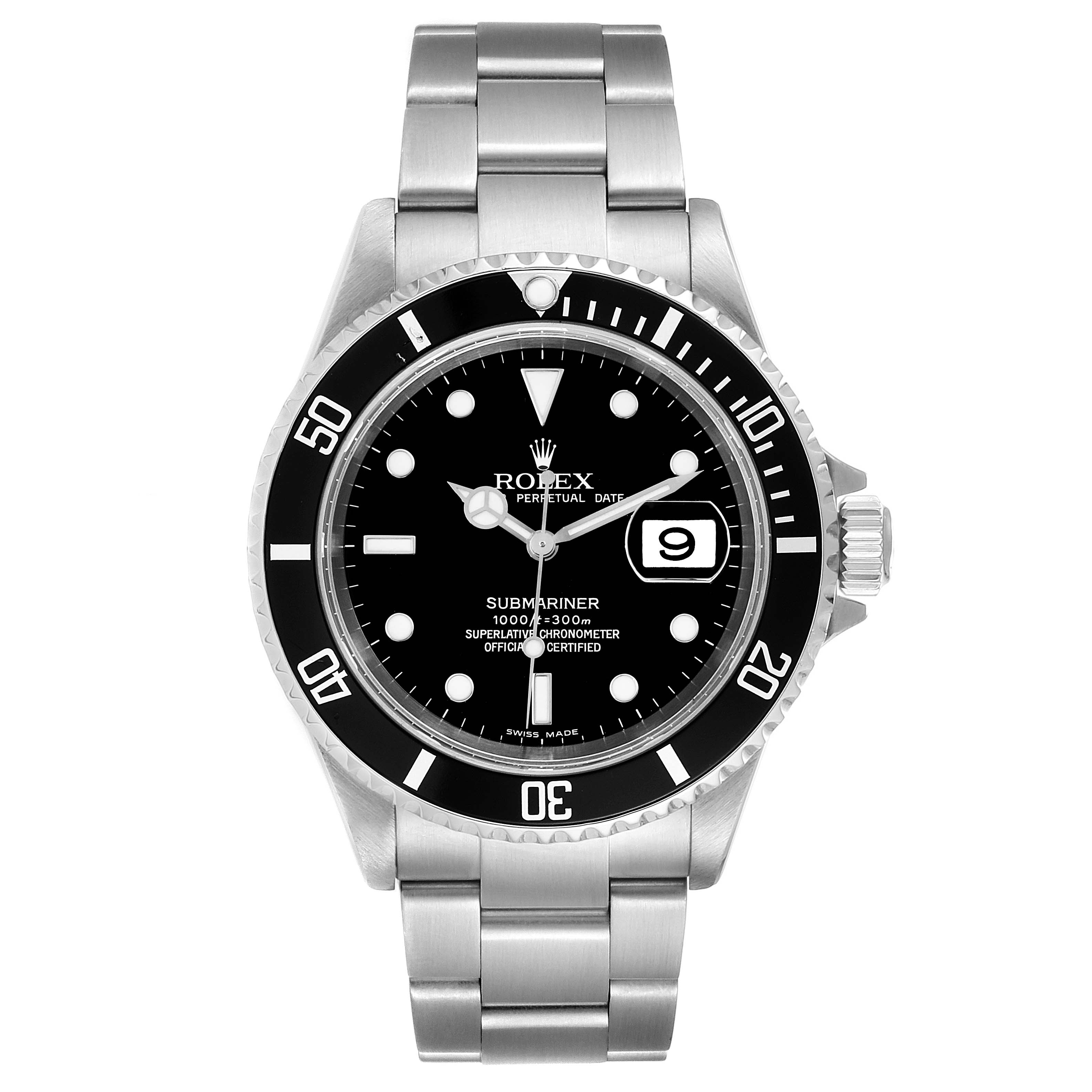 This Rolex Submariner 16610 Men
s Stainless Steel Black Dial 16610 Men
s Stainless Steel Black Dial watch is shown from the front, displaying its black dial, bezel, and stainless steel bracelet.