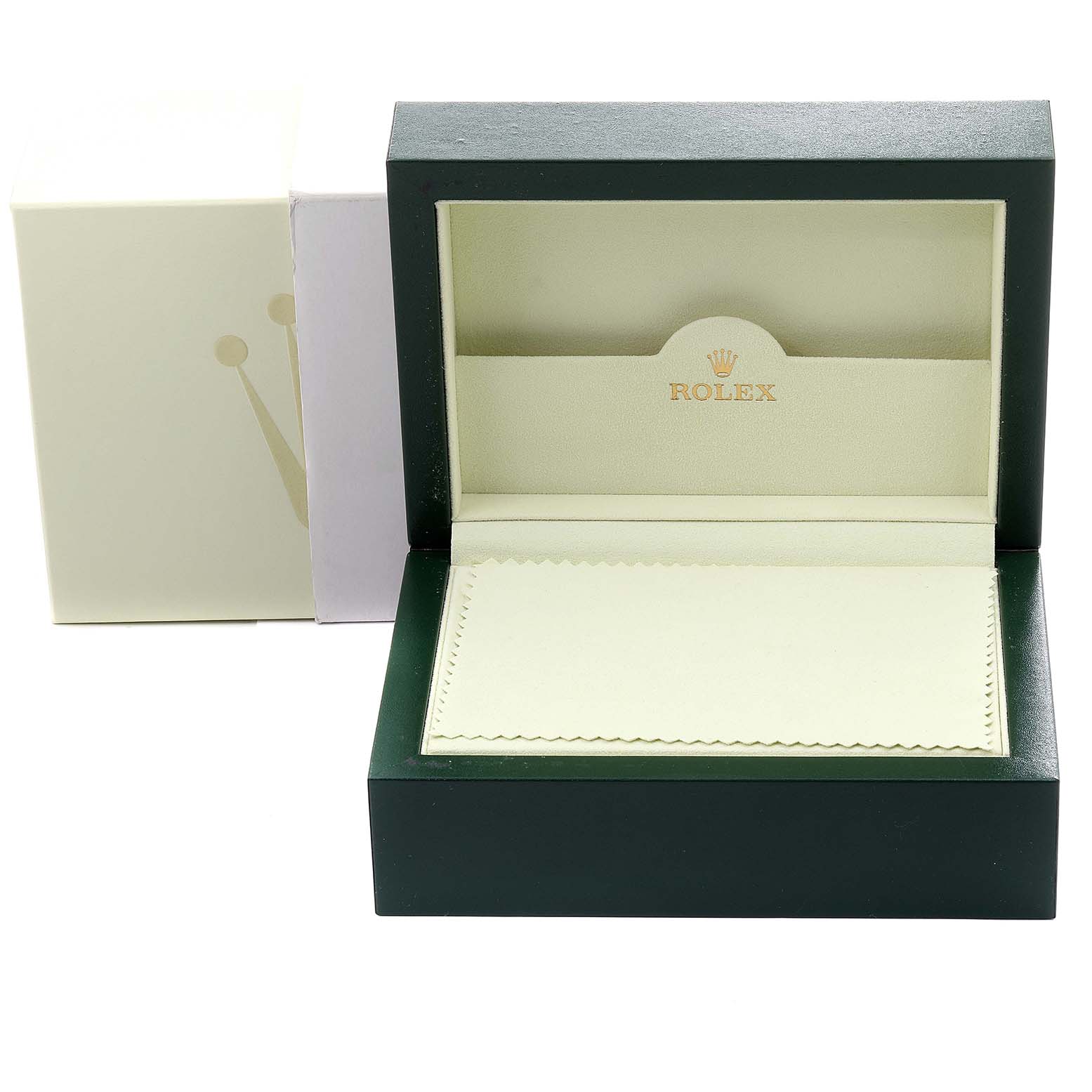 The image shows an open presentation box for a Rolex Submariner 16610 Men
s Stainless Steel Black Dial 16610 Men
s Stainless Steel Black Dial watch, displaying the inner casing and a cleaning cloth.