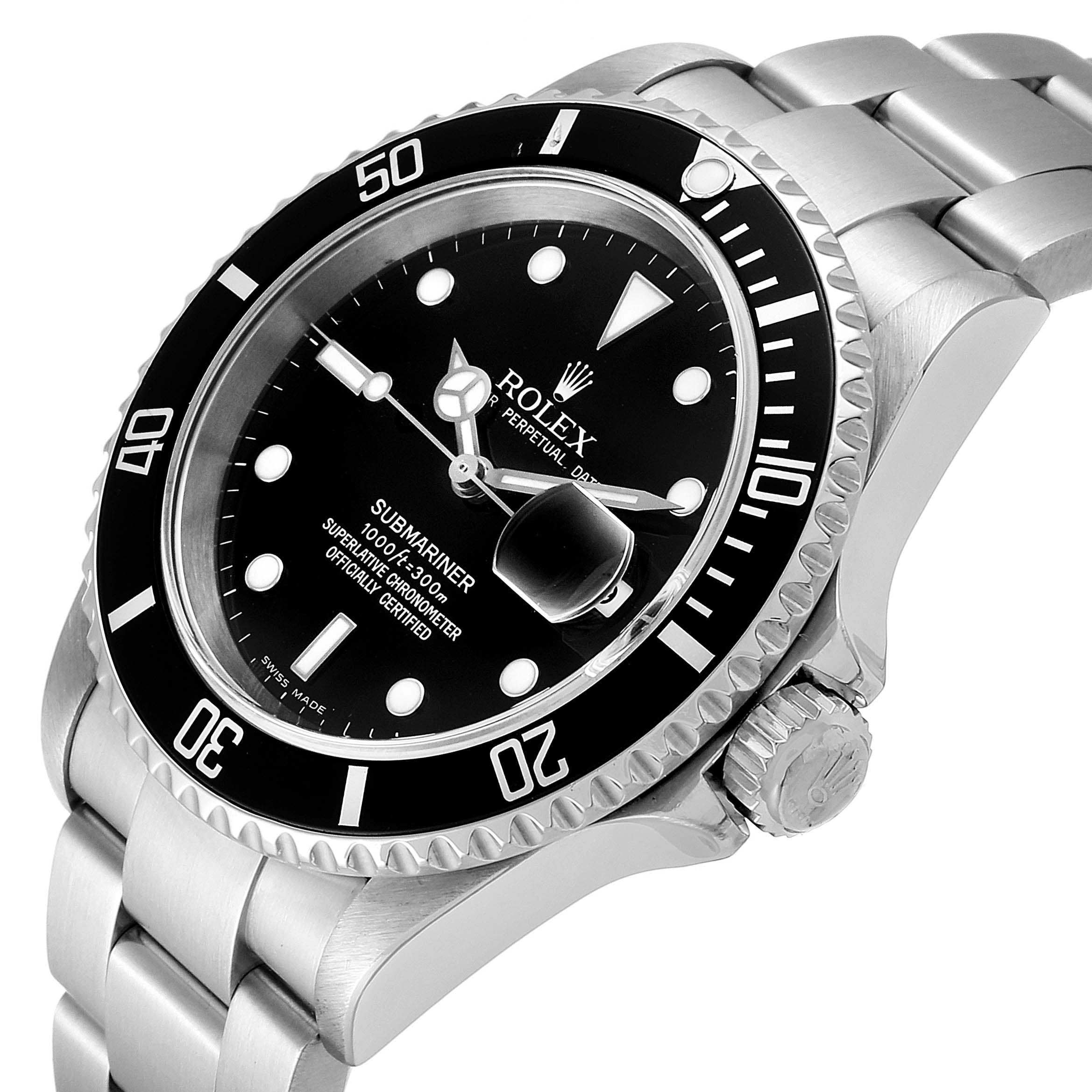 This image shows a close-up angled view of the Rolex Submariner 16610 Men
s Stainless Steel Black Dial 16610 Men
s Stainless Steel Black Dial watch, highlighting the dial, bezel, and bracelet.