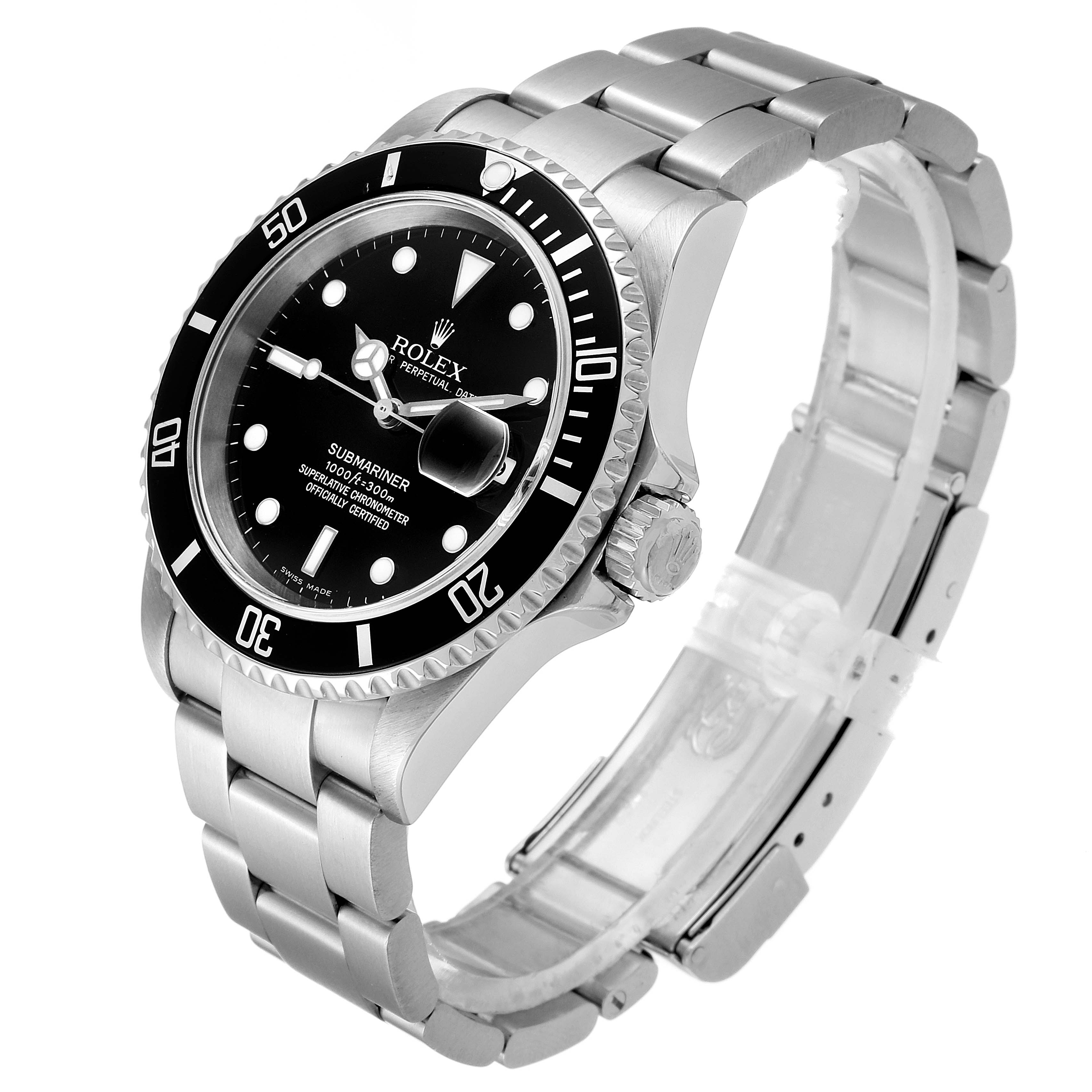 The image shows a Rolex Submariner 16610 Men
s Stainless Steel Black Dial 16610 Men
s Stainless Steel Black Dial watch at an angled front view, displaying its face, bezel, crown, and bracelet.