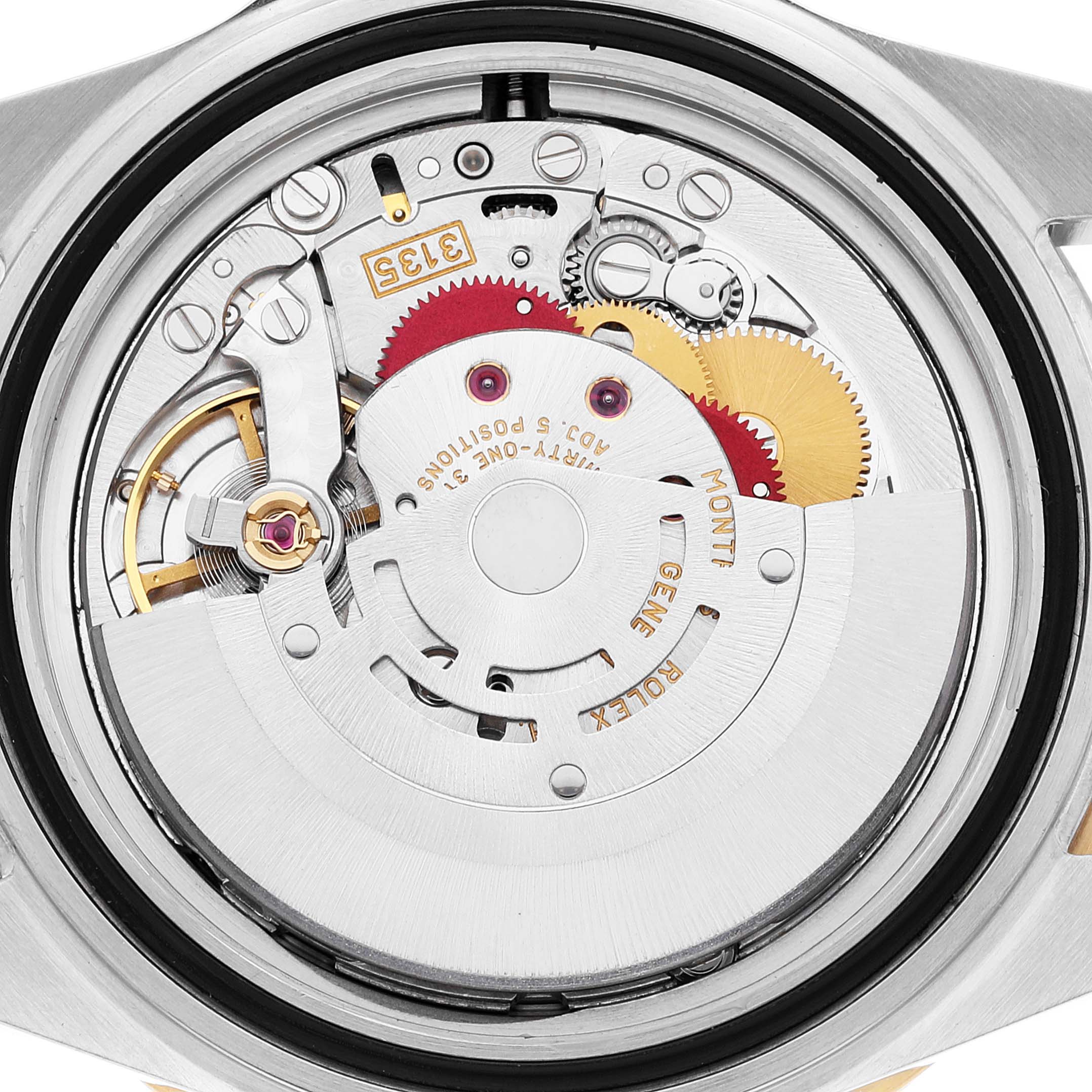 This image shows the internal movement mechanics of a Rolex Submariner 16613 Men's Steel and Gold (two tone) Blue Dial 16613 Men's Steel and Gold (two tone) Blue Dial watch from a back angle.