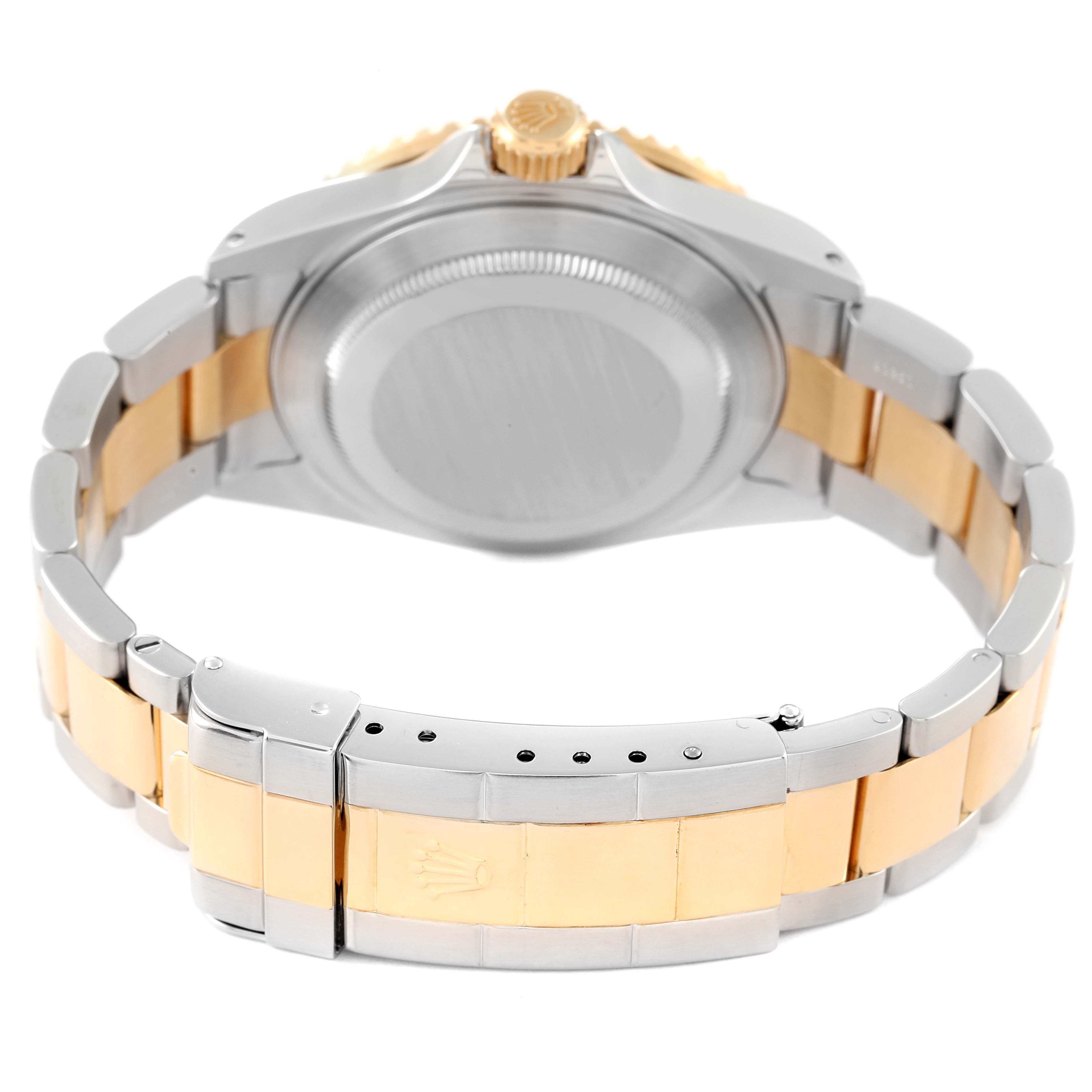 The image shows the back view of a Rolex Submariner 16613 Men's Steel and Gold (two tone) Blue Dial 16613 Men's Steel and Gold (two tone) Blue Dial, highlighting the bracelet and case back.