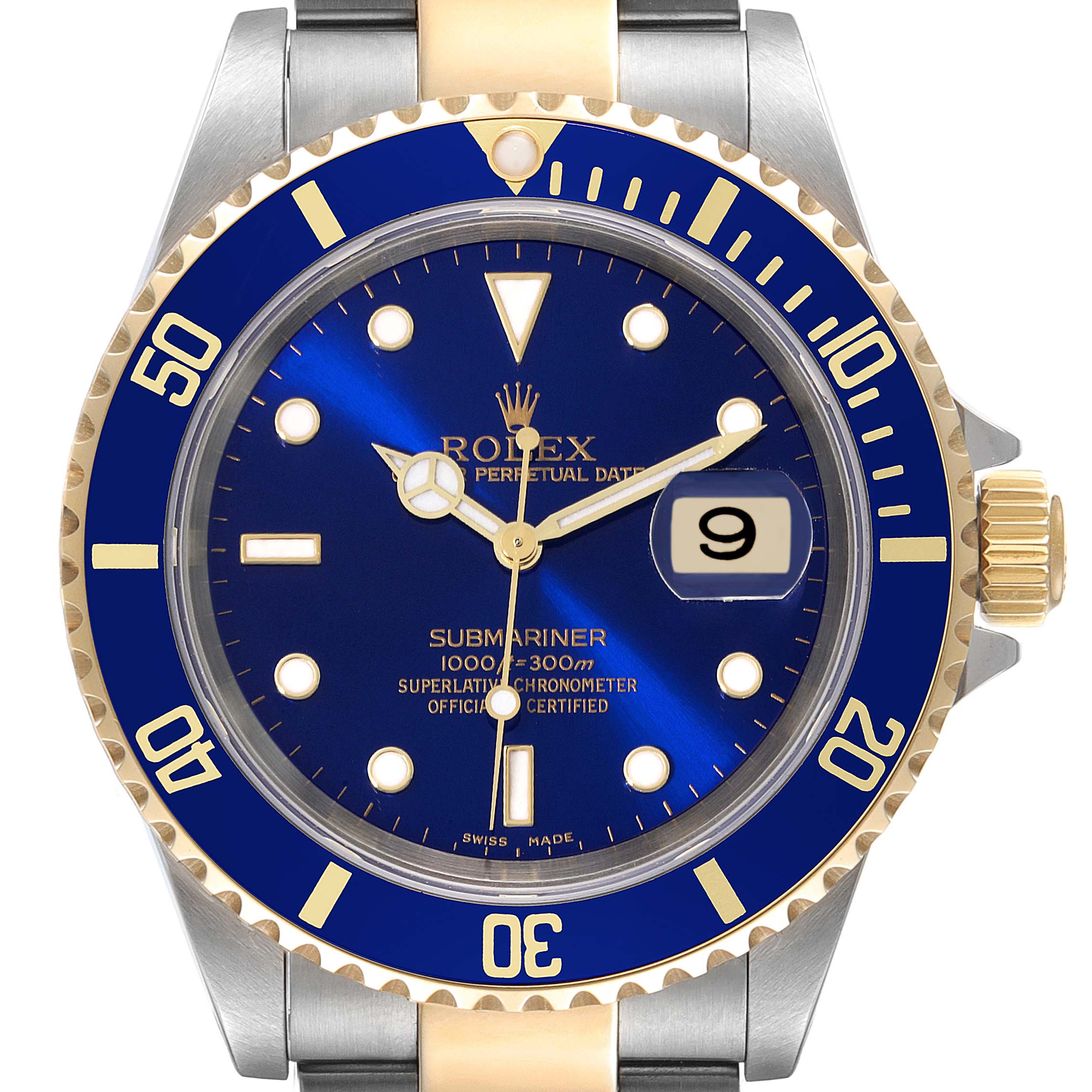 The image shows a front view of a Rolex Submariner 16613 Men's Steel and Gold (two tone) Blue Dial 16613 Men's Steel and Gold (two tone) Blue Dial, highlighting its bezel, dial, hands, and date window.