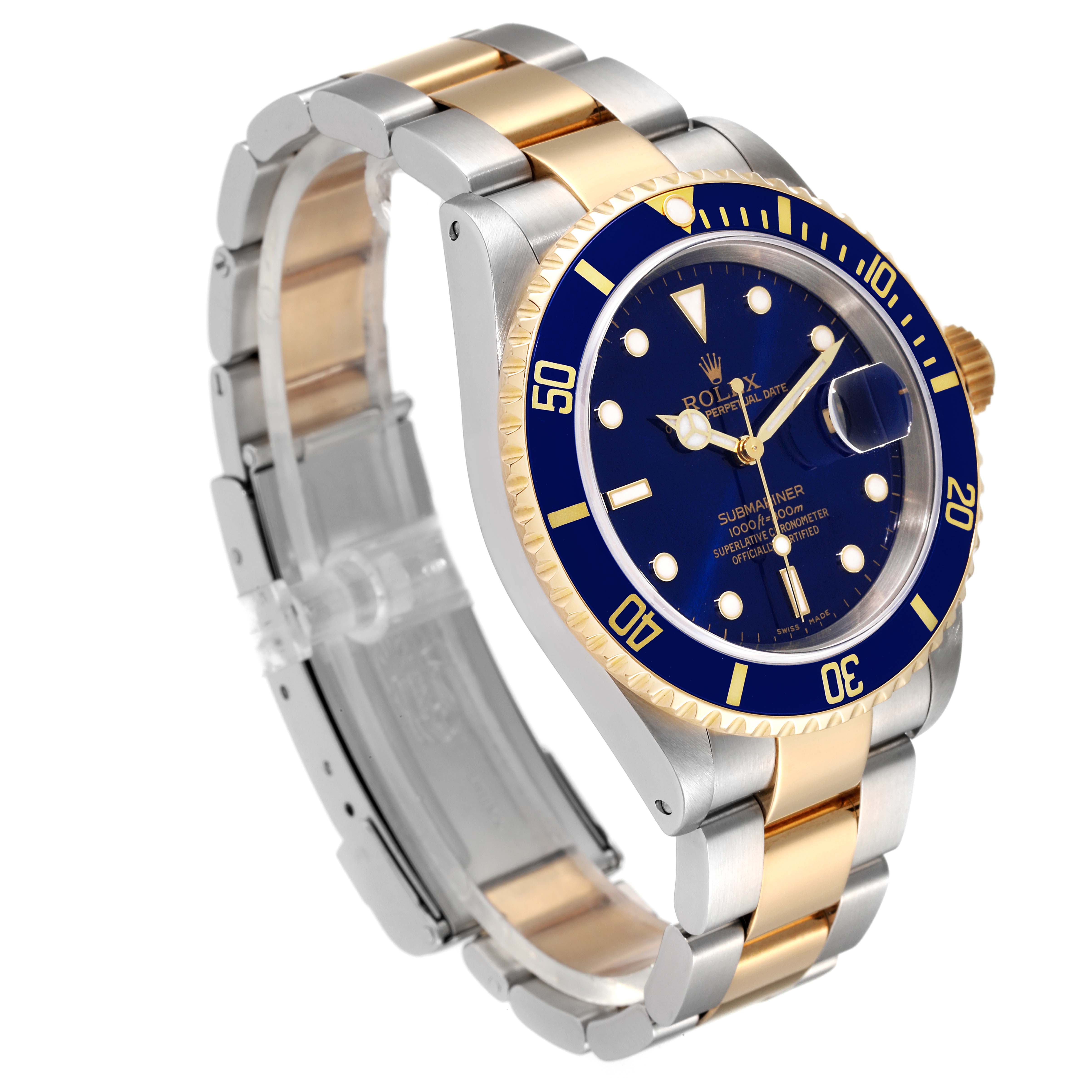 The Rolex Submariner 16613 Men's Steel and Gold (two tone) Blue Dial 16613 Men's Steel and Gold (two tone) Blue Dial watch is shown at a three-quarter angle, highlighting its two-tone bracelet, blue dial, and bezel.