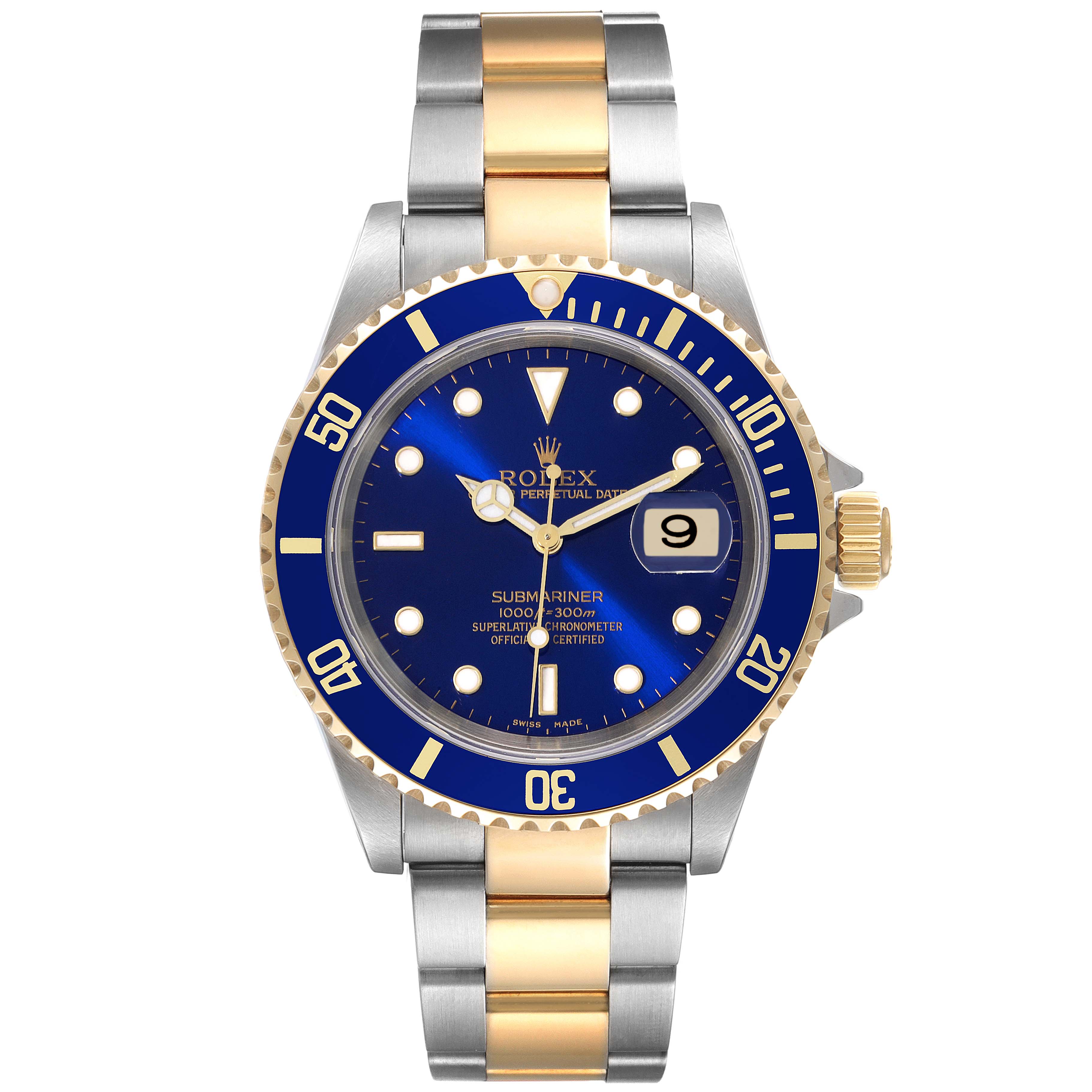 This image shows a frontal view of the Rolex Submariner 16613 Men's Steel and Gold (two tone) Blue Dial 16613 Men's Steel and Gold (two tone) Blue Dial watch with a blue dial, blue bezel, and two-tone gold and silver bracelet.