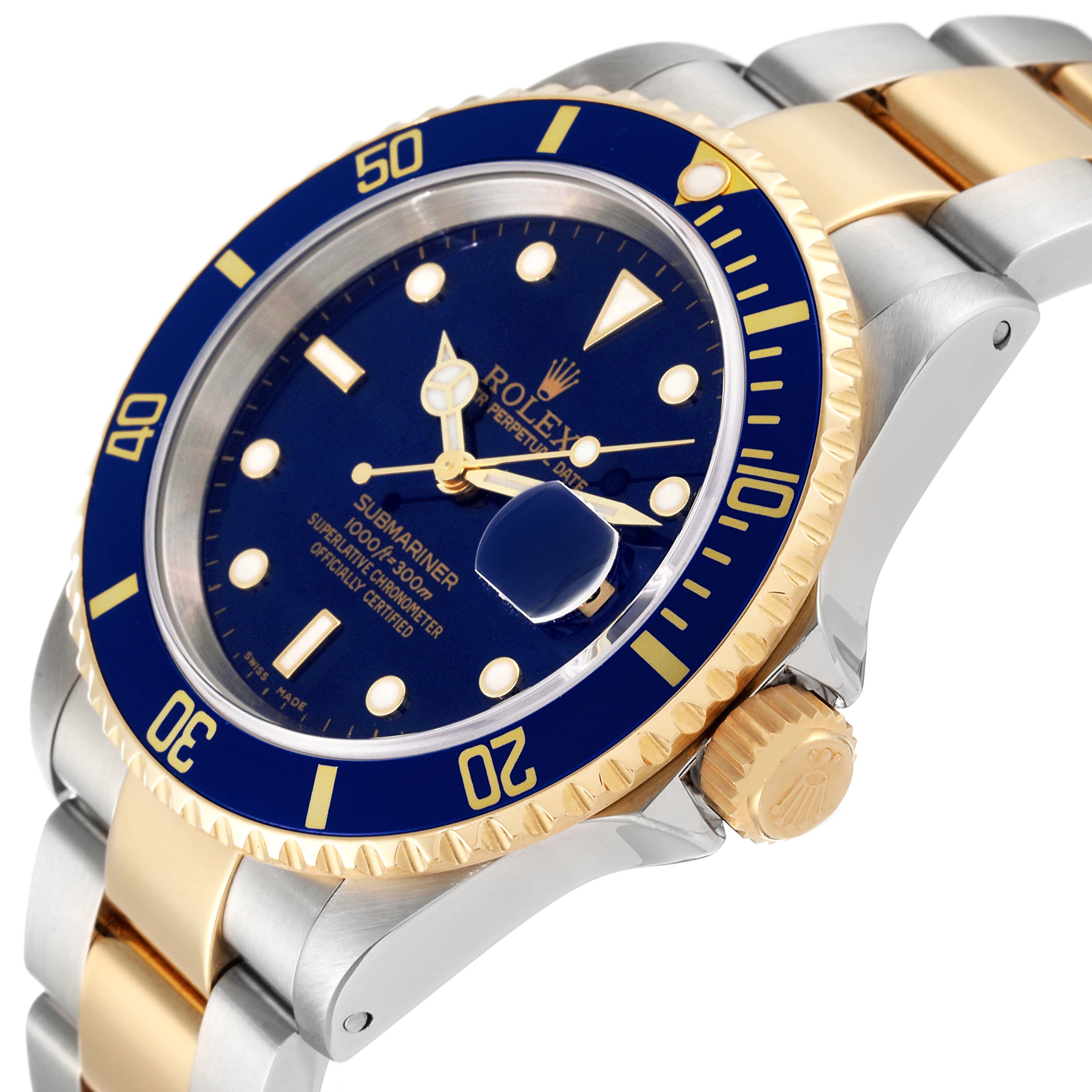 The image shows a side angle of a Rolex Submariner 16613 Men's Steel and Gold (two tone) Blue Dial 16613 Men's Steel and Gold (two tone) Blue Dial watch, highlighting its blue dial, bezel, gold accents, and bracelet.